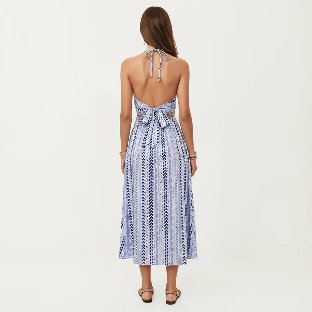 Anna-Kaci Women's Halter Neck Midi Dress with V Neckline Smocked Bodice and Flowing A-Line Skirt