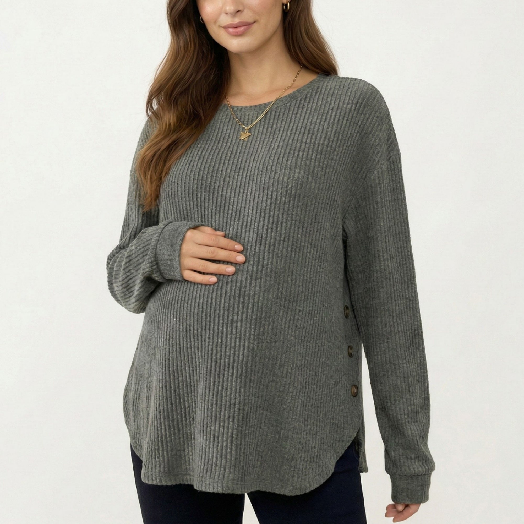 Anna-Kaci Women's Maternity Long Sleeve Ribbed Knit Top with Crew Neck Side Button Detail
