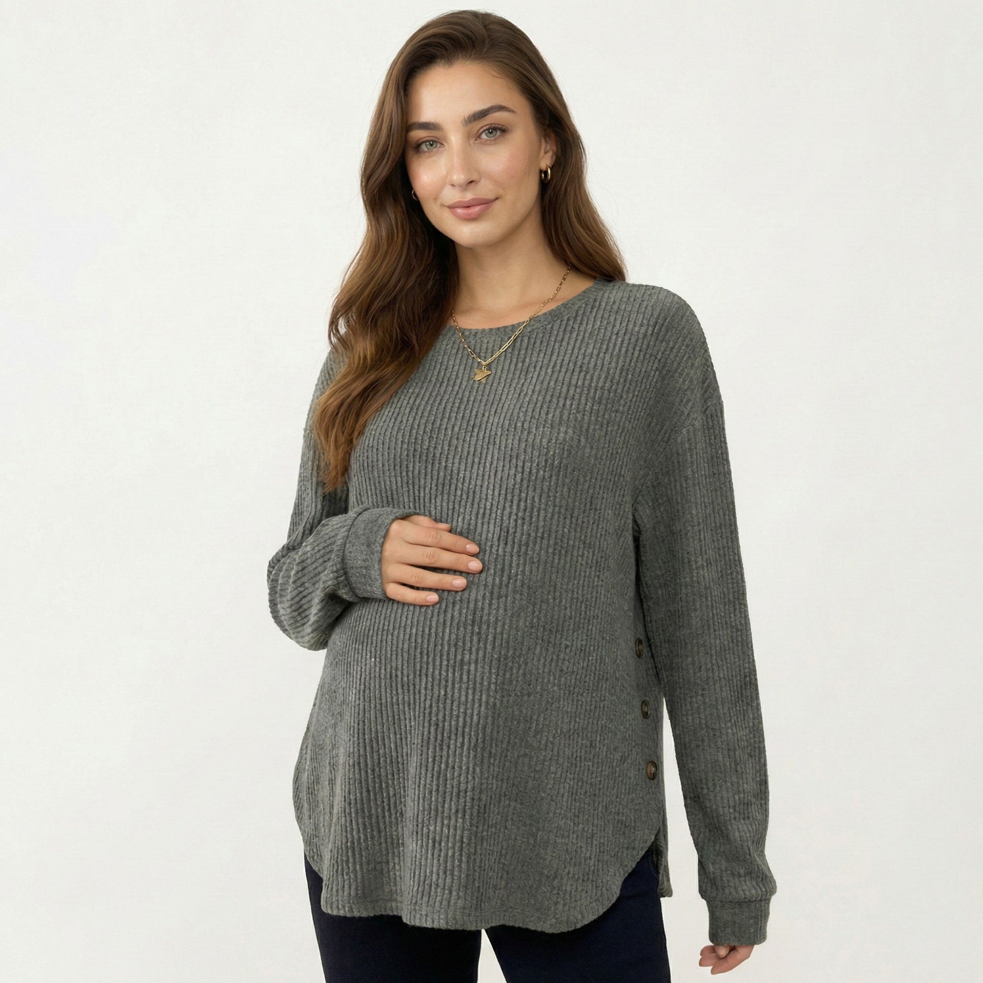 Anna-Kaci Women's Maternity Long Sleeve Ribbed Knit Top with Crew Neck Side Button Detail