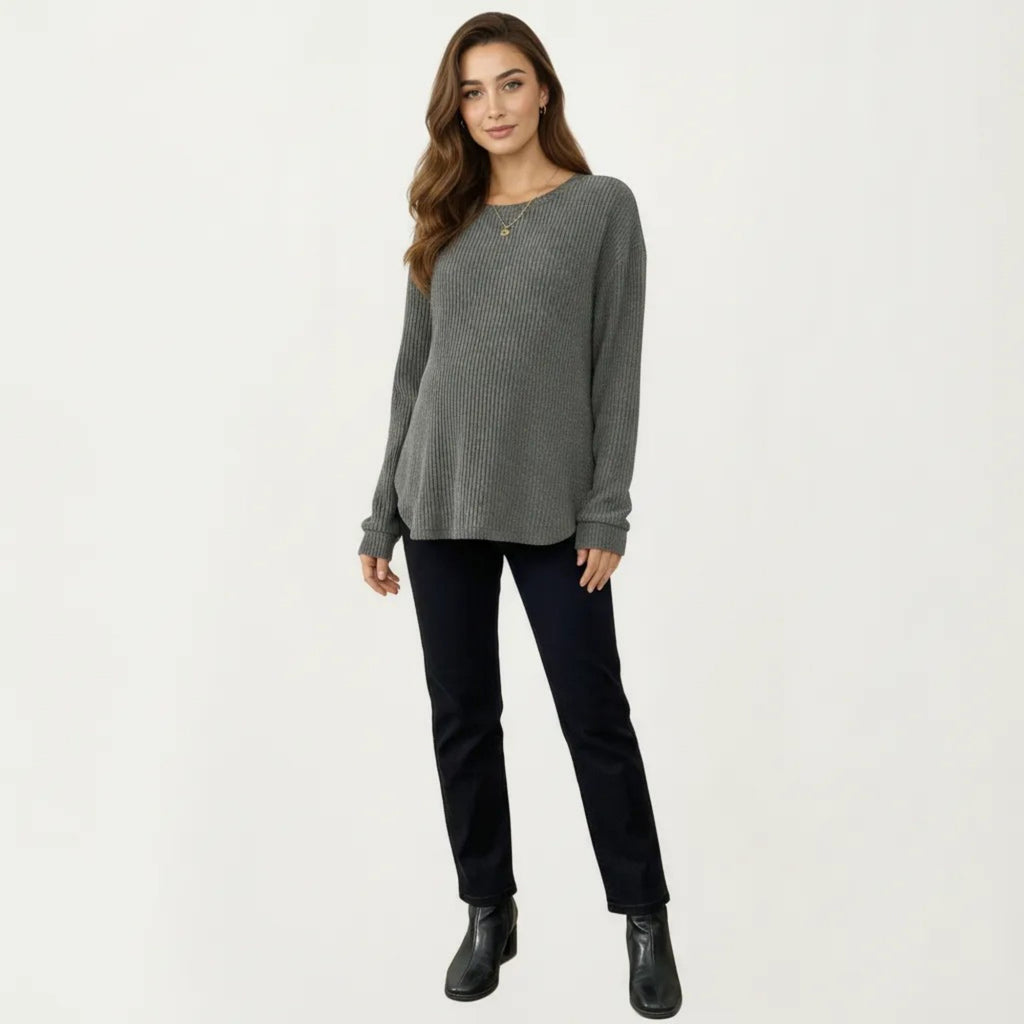 Anna-Kaci Women's Maternity Long Sleeve Ribbed Knit Top with Crew Neck Side Button Detail