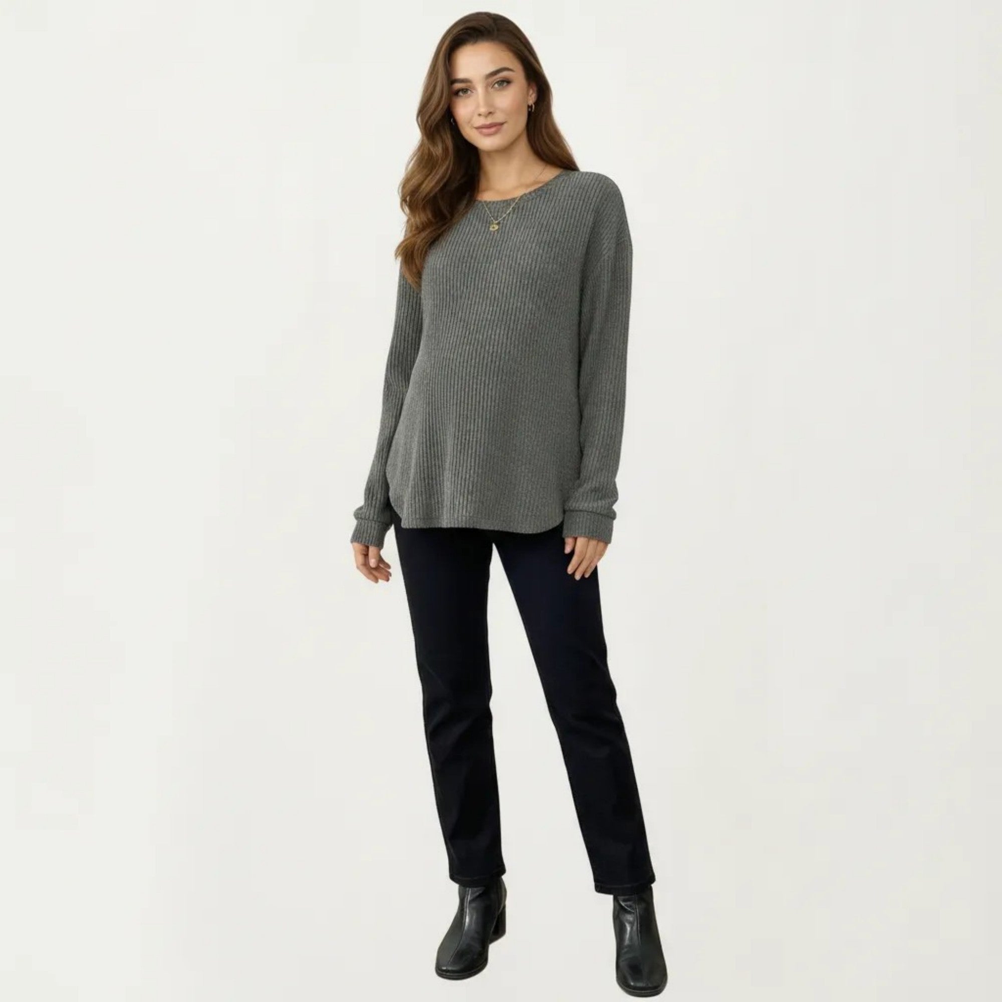 Anna-Kaci Women's Maternity Long Sleeve Ribbed Knit Top with Crew Neck Side Button Detail