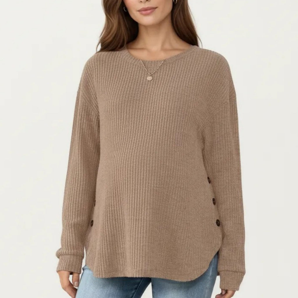 Anna-Kaci Women's Maternity Long Sleeve Ribbed Knit Top with Crew Neck Side Button Detail