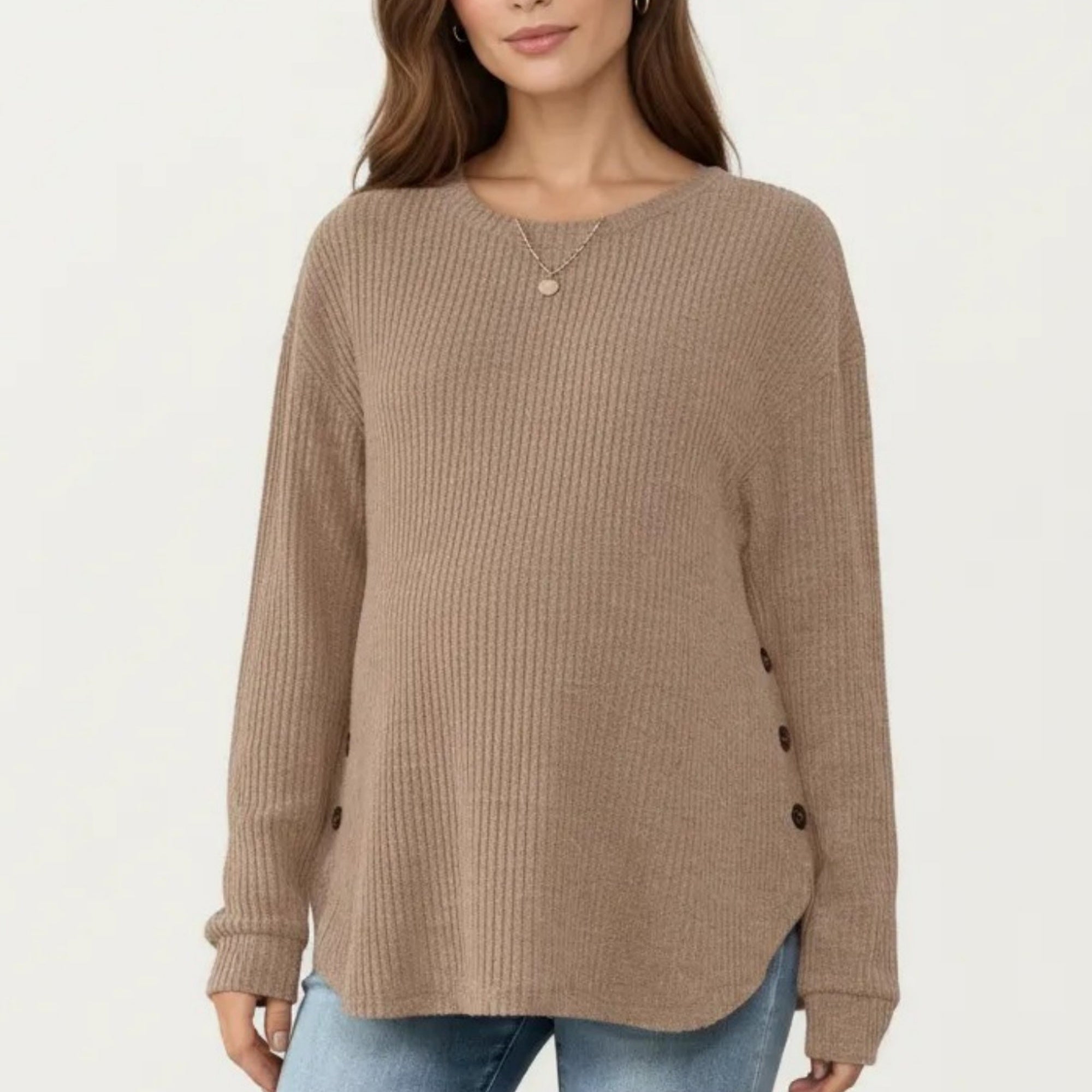 Anna-Kaci Women's Maternity Long Sleeve Ribbed Knit Top with Crew Neck Side Button Detail
