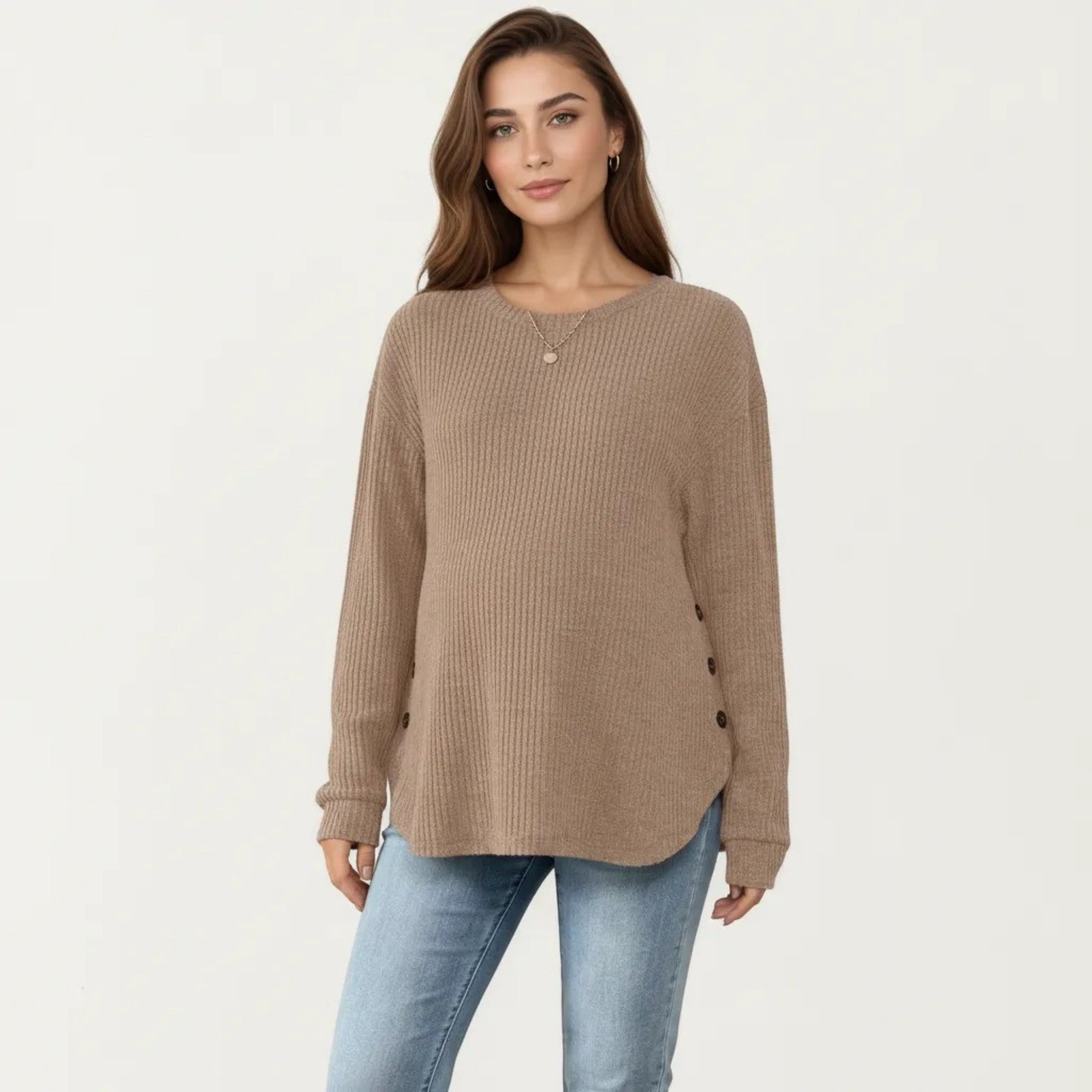 Anna-Kaci Women's Maternity Long Sleeve Ribbed Knit Top with Crew Neck Side Button Detail