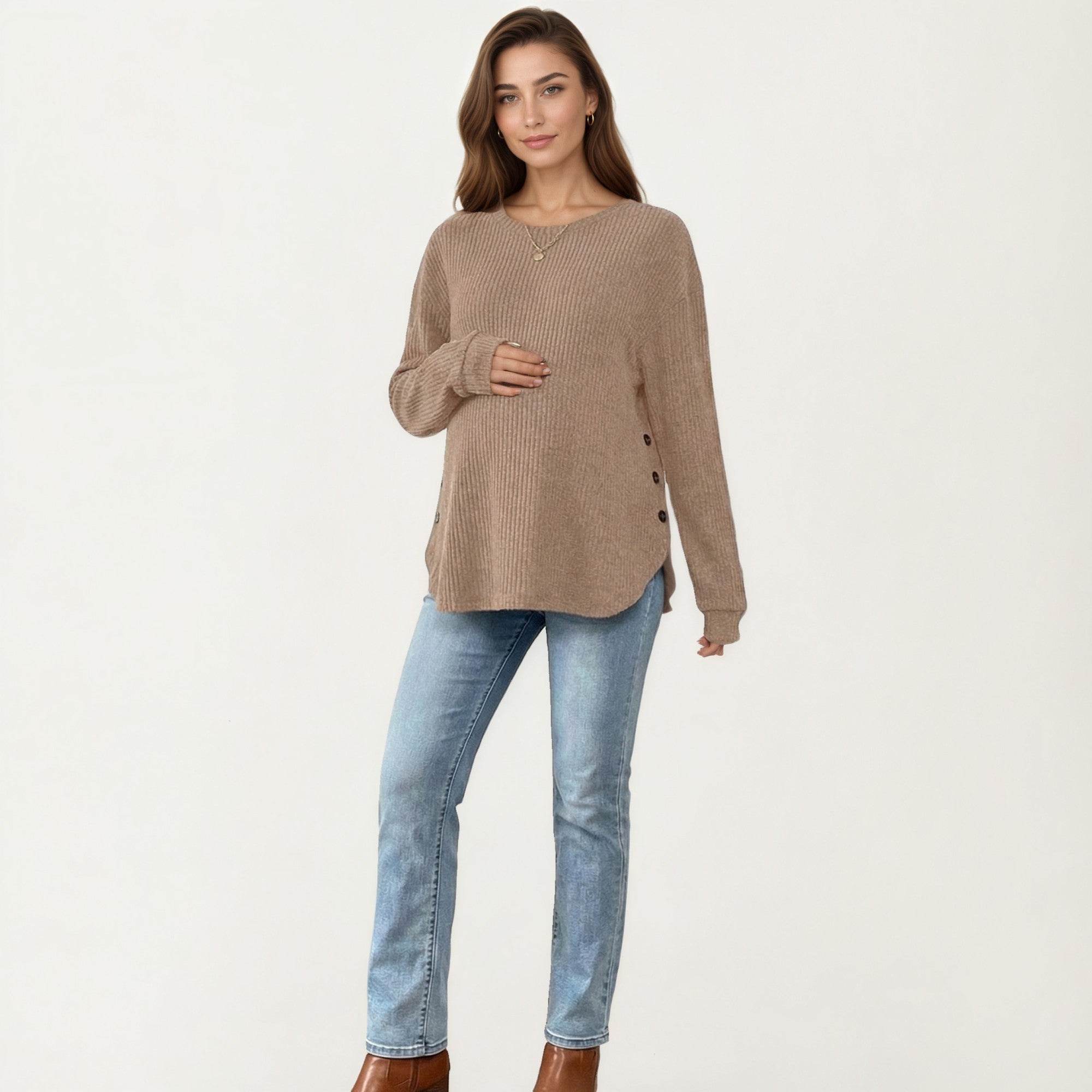 Anna-Kaci Women's Maternity Long Sleeve Ribbed Knit Top with Crew Neck Side Button Detail