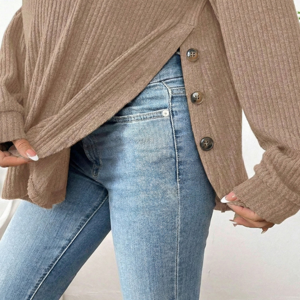 Anna-Kaci Women's Maternity Long Sleeve Ribbed Knit Top with Crew Neck Side Button Detail