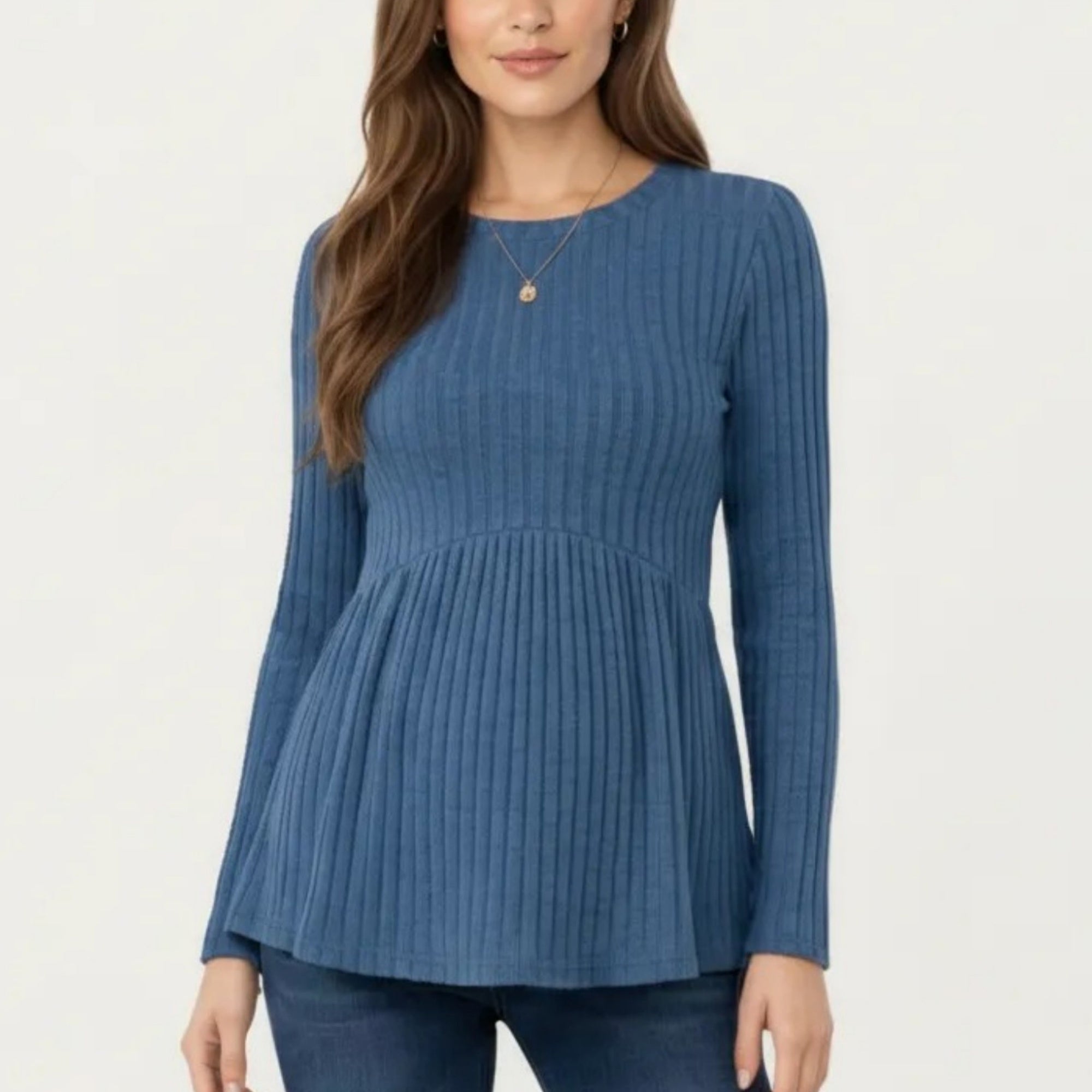Anna-Kaci Women's Maternity Long Sleeve Ribbed Knit Top with Crew Neck and Empire Waist