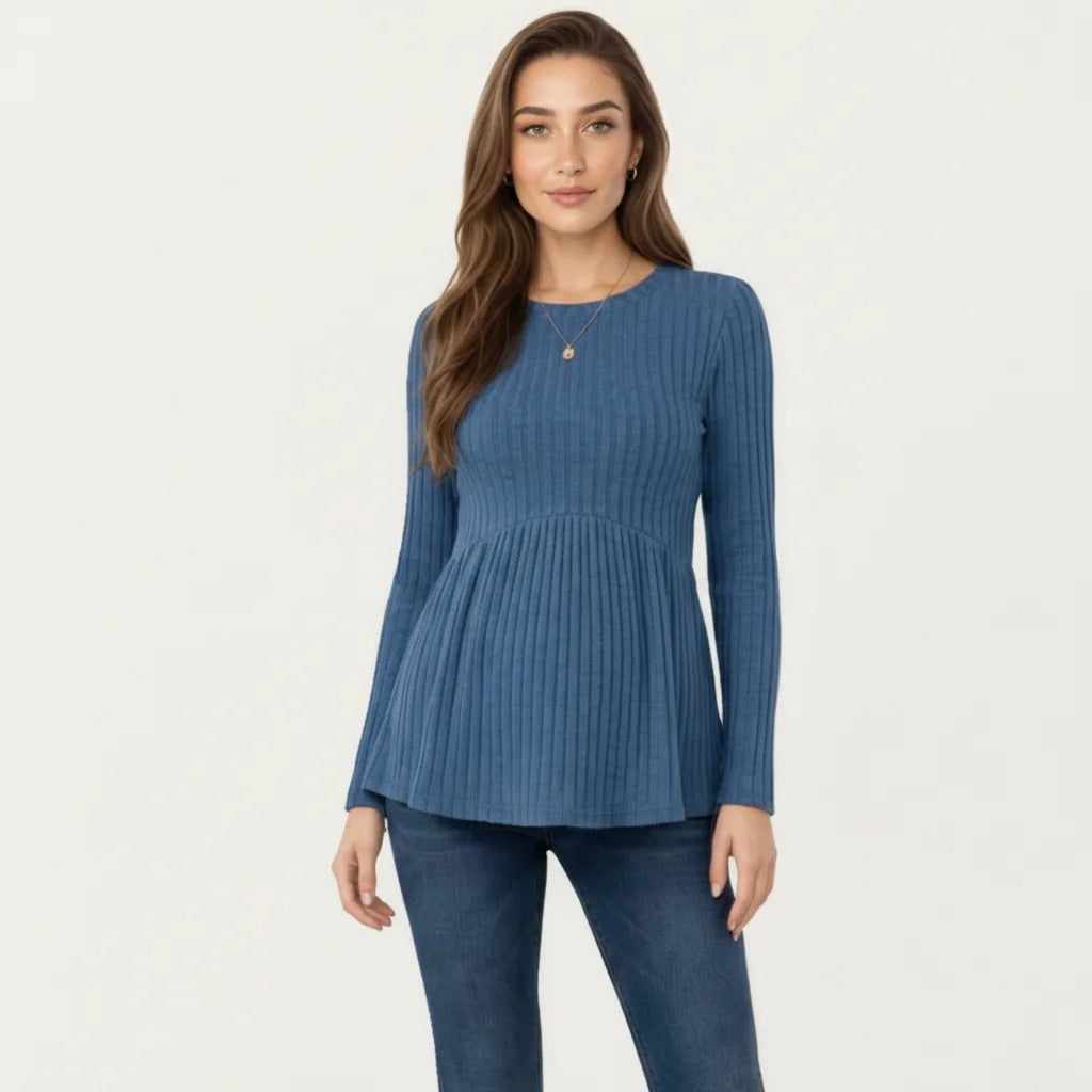 Anna-Kaci Women's Maternity Long Sleeve Ribbed Knit Top with Crew Neck and Empire Waist