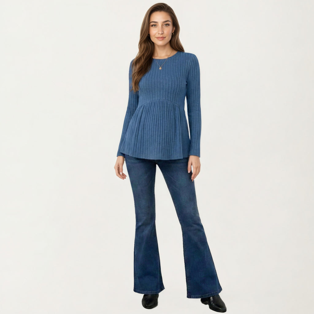 Anna-Kaci Women's Maternity Long Sleeve Ribbed Knit Top with Crew Neck and Empire Waist