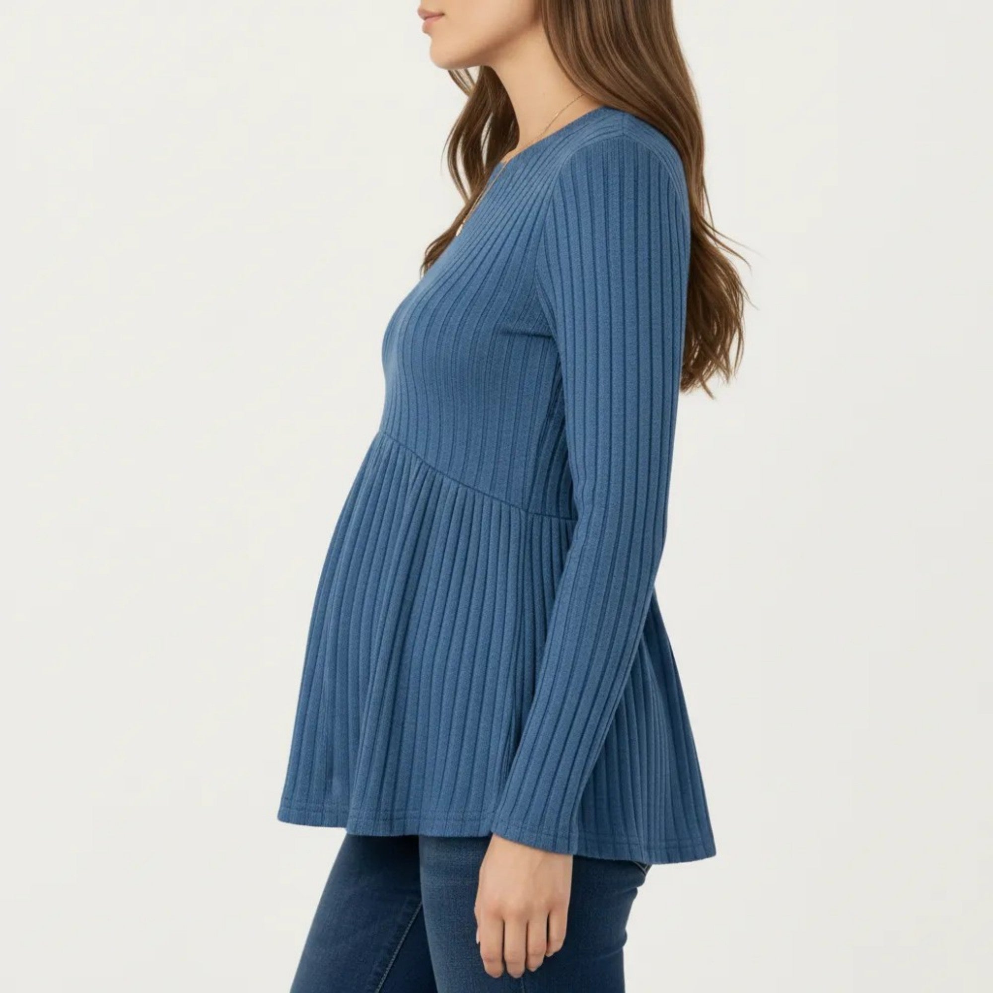 Anna-Kaci Women's Maternity Long Sleeve Ribbed Knit Top with Crew Neck and Empire Waist