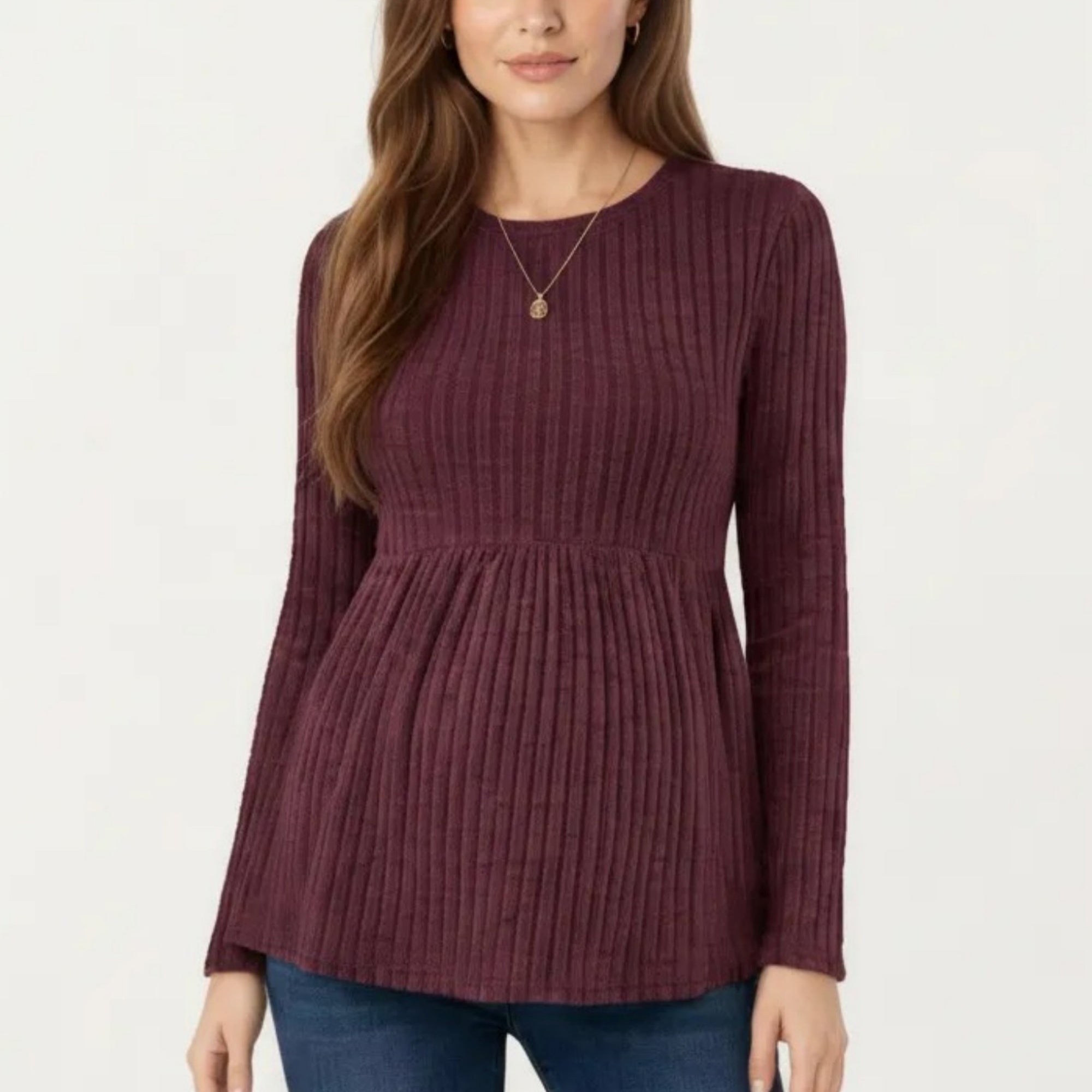 Anna-Kaci Women's Maternity Long Sleeve Ribbed Knit Top with Crew Neck and Empire Waist