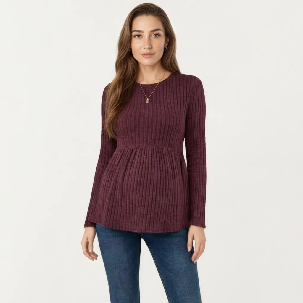 Anna-Kaci Women's Maternity Long Sleeve Ribbed Knit Top with Crew Neck and Empire Waist