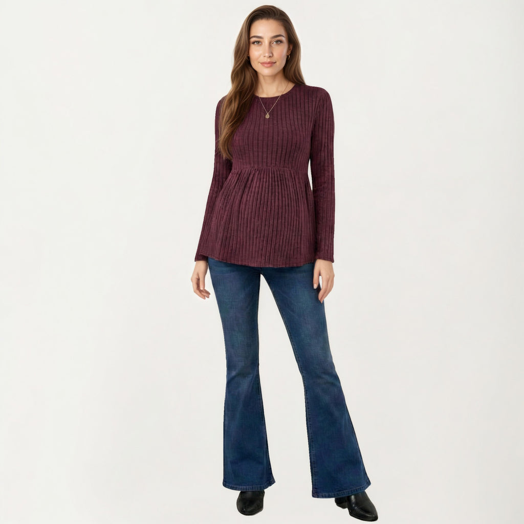 Anna-Kaci Women's Maternity Long Sleeve Ribbed Knit Top with Crew Neck and Empire Waist