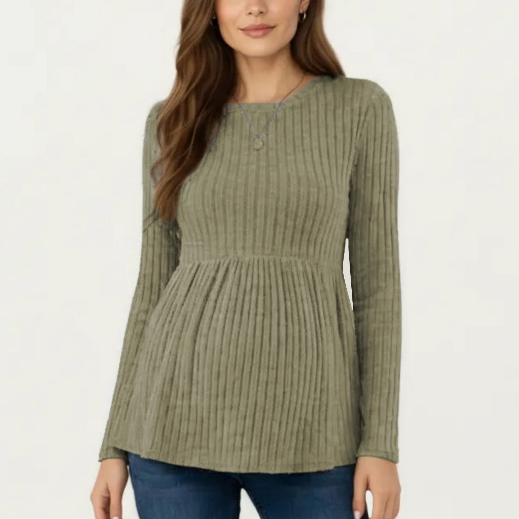 Anna-Kaci Women's Maternity Long Sleeve Ribbed Knit Top with Crew Neck and Empire Waist