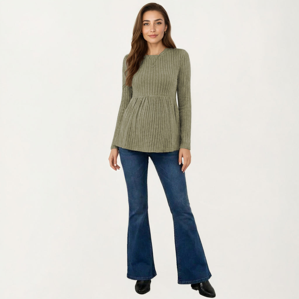 Anna-Kaci Women's Maternity Long Sleeve Ribbed Knit Top with Crew Neck and Empire Waist