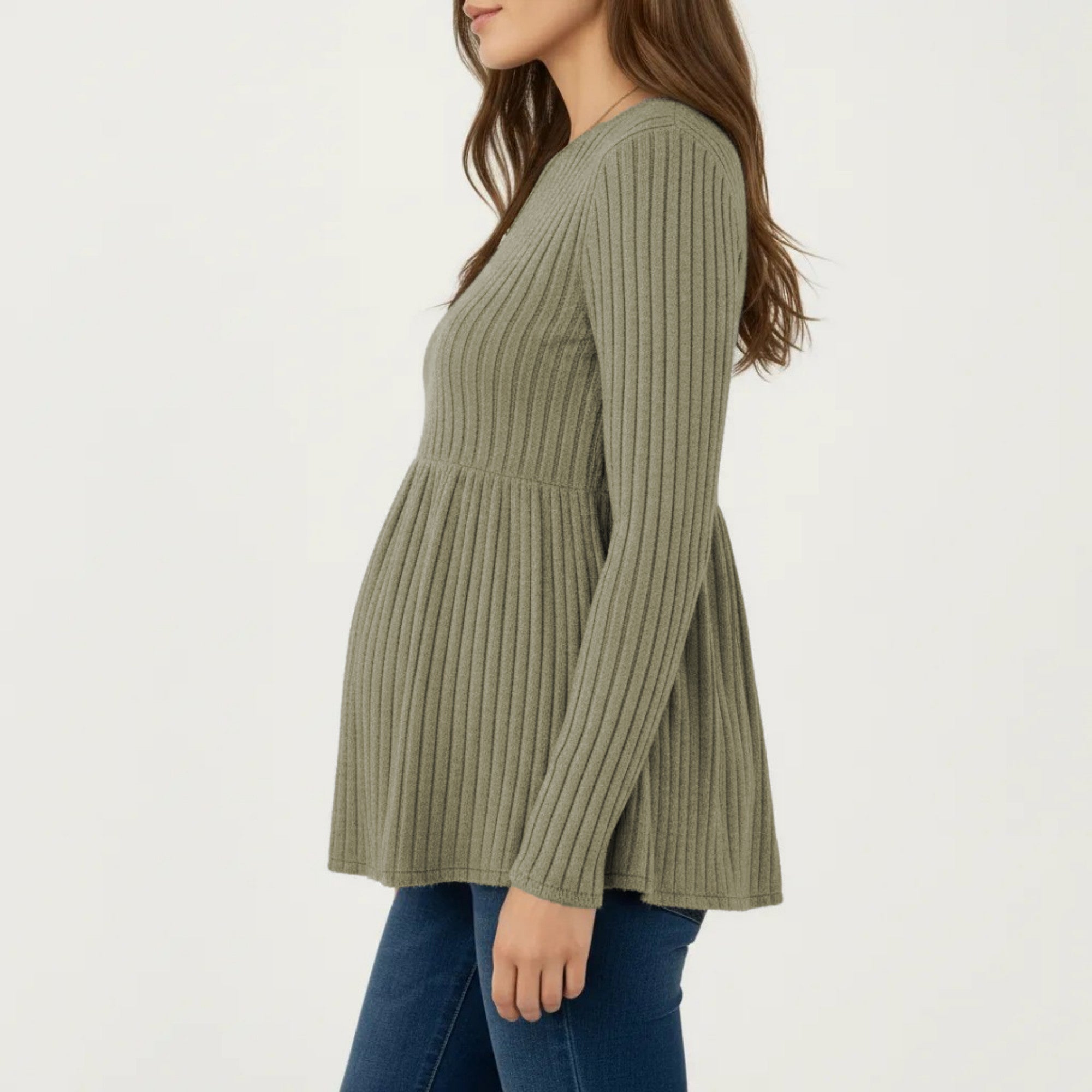 Anna-Kaci Women's Maternity Long Sleeve Ribbed Knit Top with Crew Neck and Empire Waist