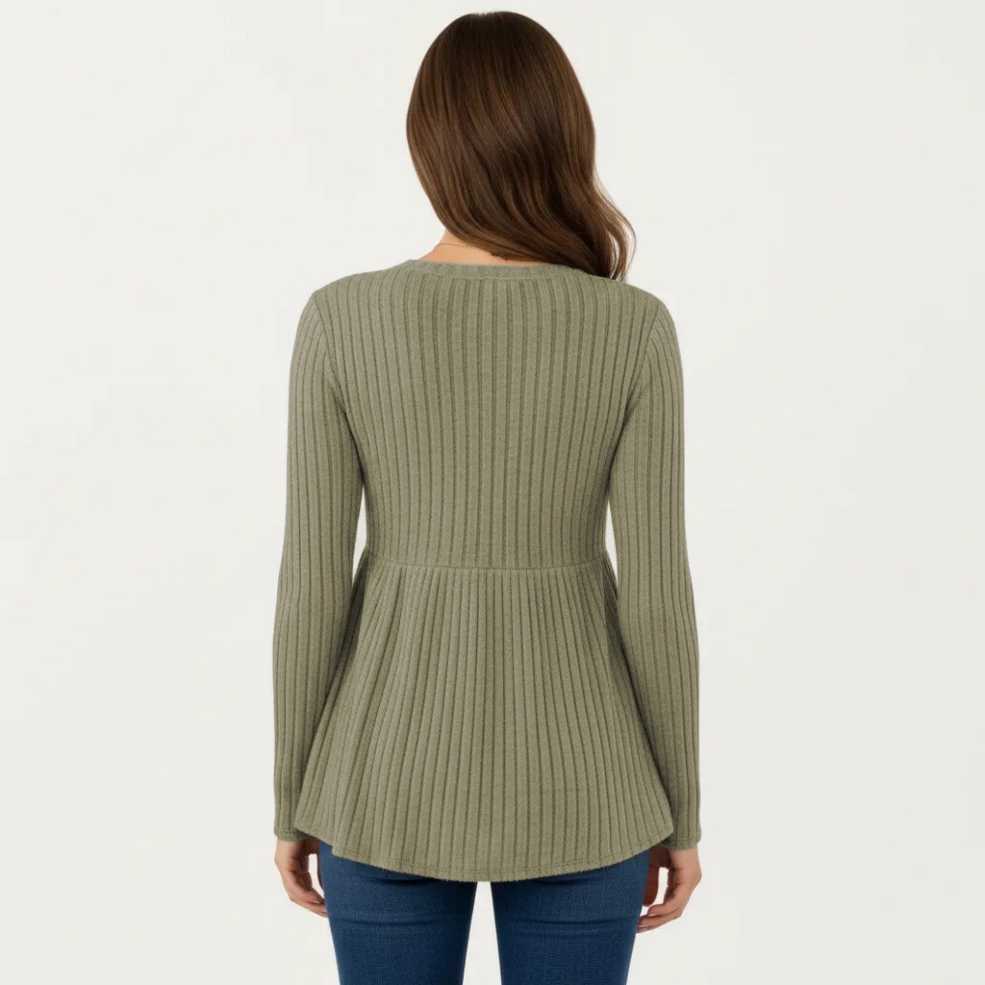 Anna-Kaci Women's Maternity Long Sleeve Ribbed Knit Top with Crew Neck and Empire Waist