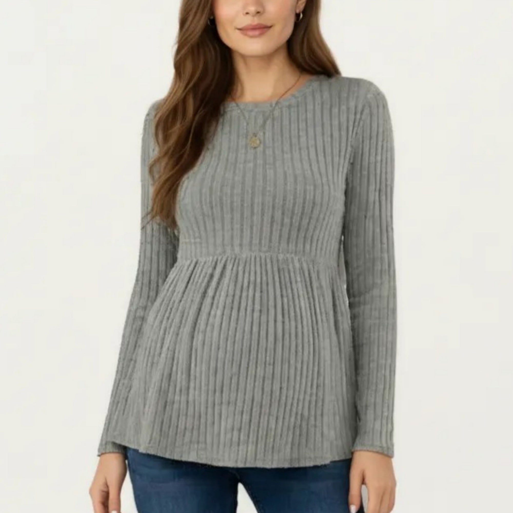 Anna-Kaci Women's Maternity Long Sleeve Ribbed Knit Top with Crew Neck and Empire Waist