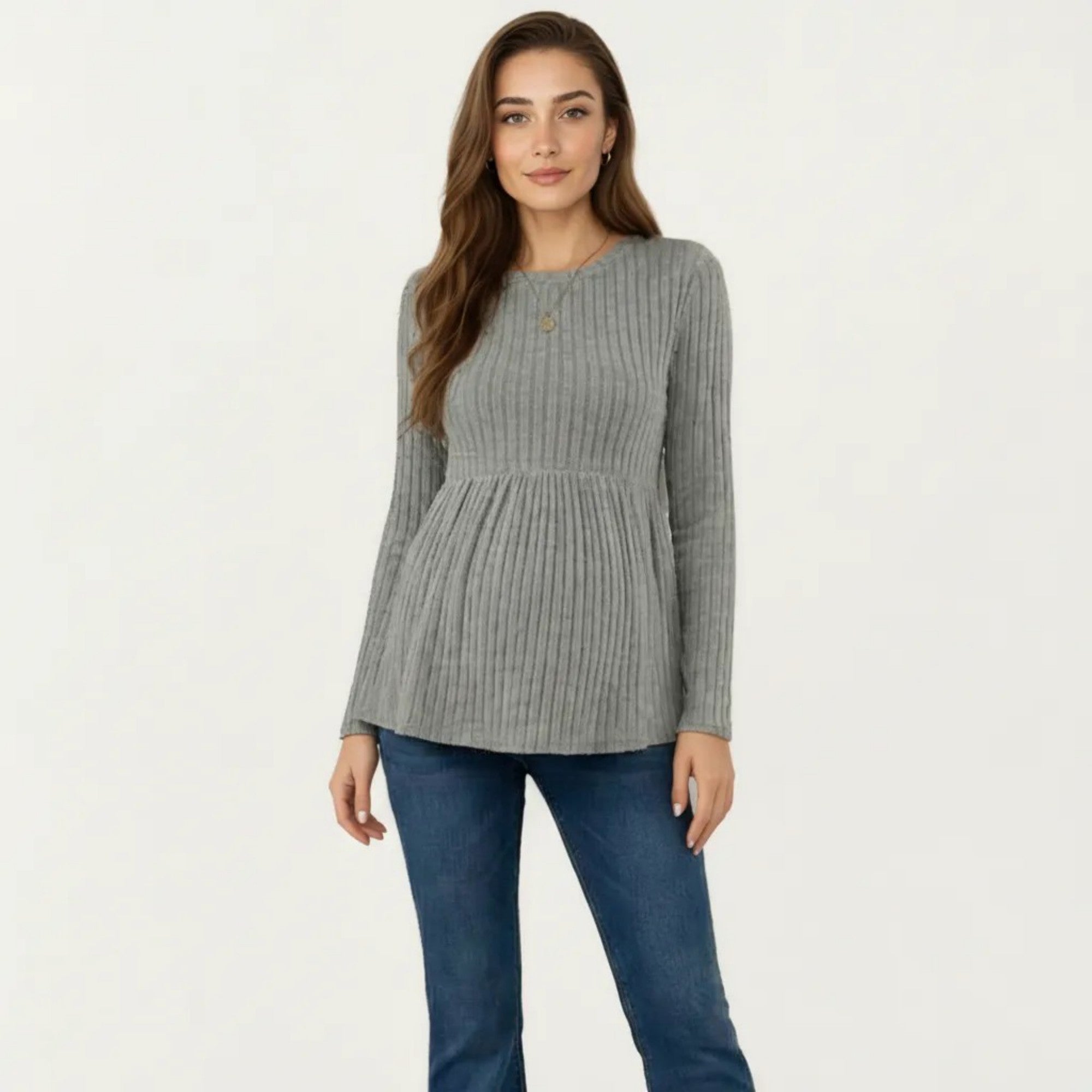 Anna-Kaci Women's Maternity Long Sleeve Ribbed Knit Top with Crew Neck and Empire Waist