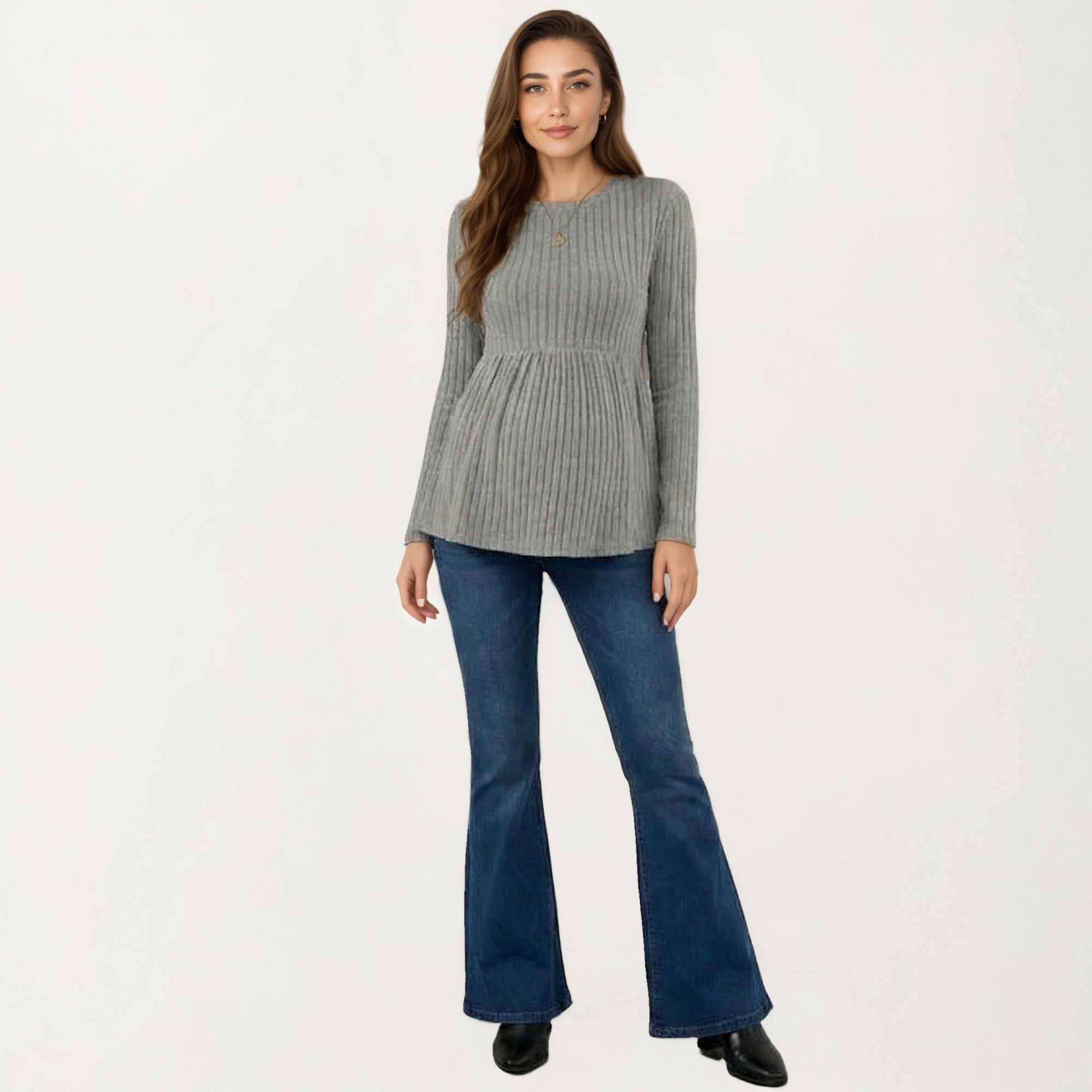 Anna-Kaci Women's Maternity Long Sleeve Ribbed Knit Top with Crew Neck and Empire Waist