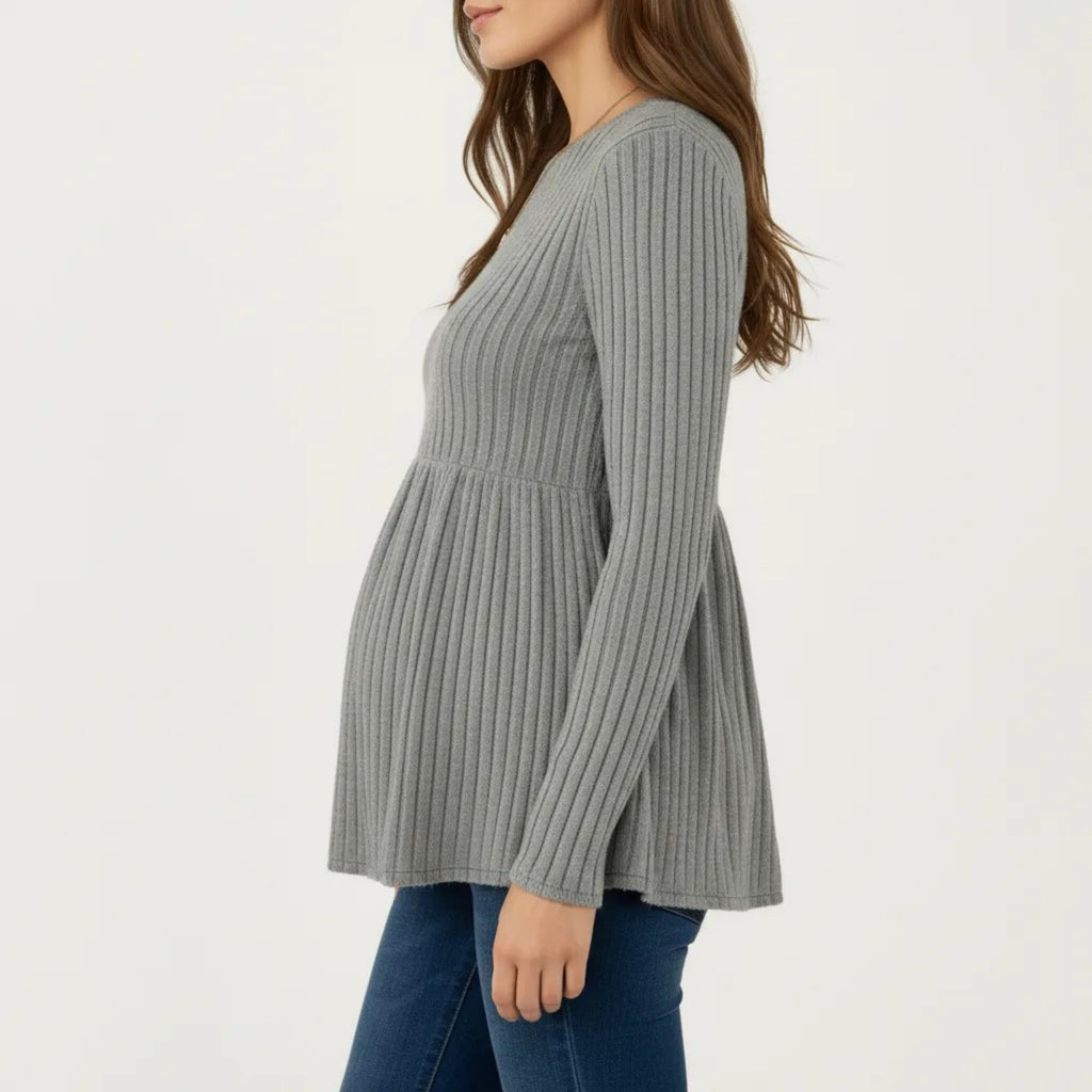 Anna-Kaci Women's Maternity Long Sleeve Ribbed Knit Top with Crew Neck and Empire Waist