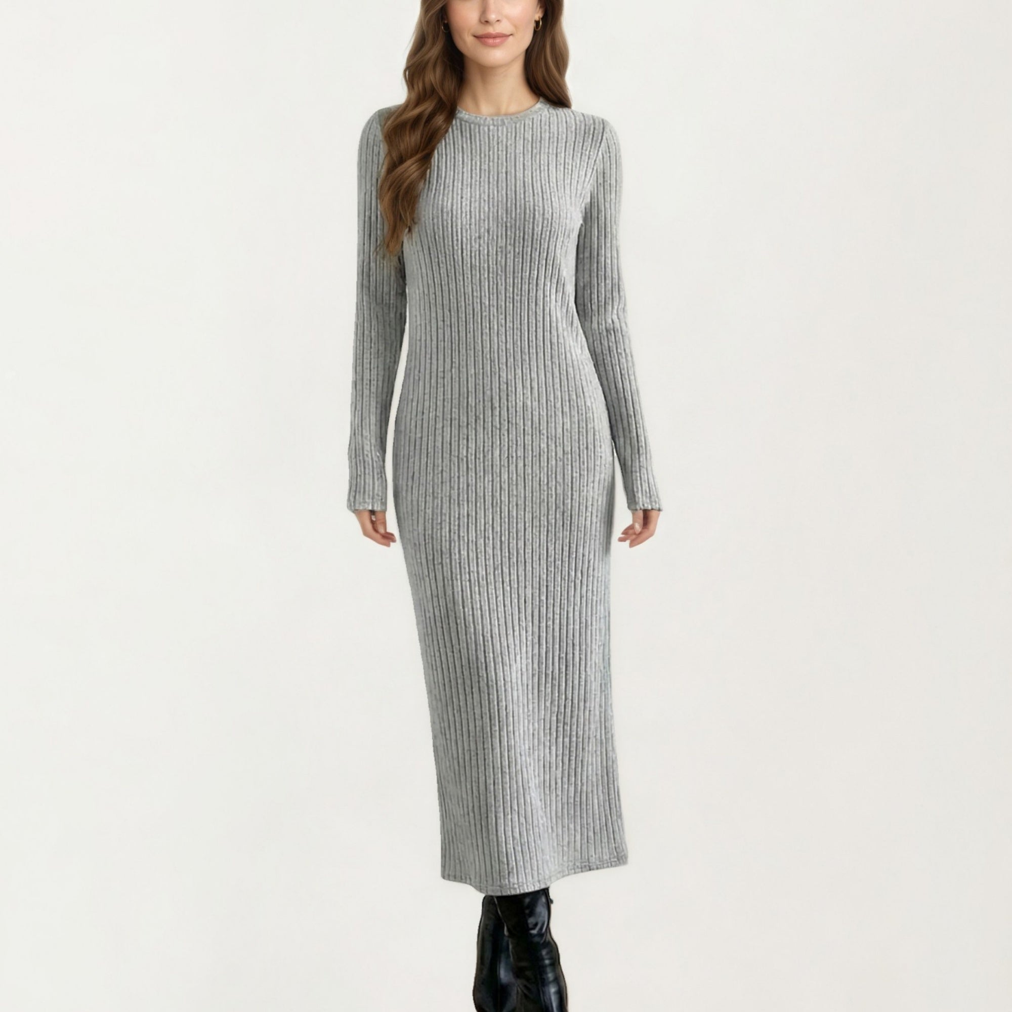 Anna-Kaci Women's Long Sleeve Ribbed Knit Maxi Dress with Crew Neck and Body Skimming Silhouette