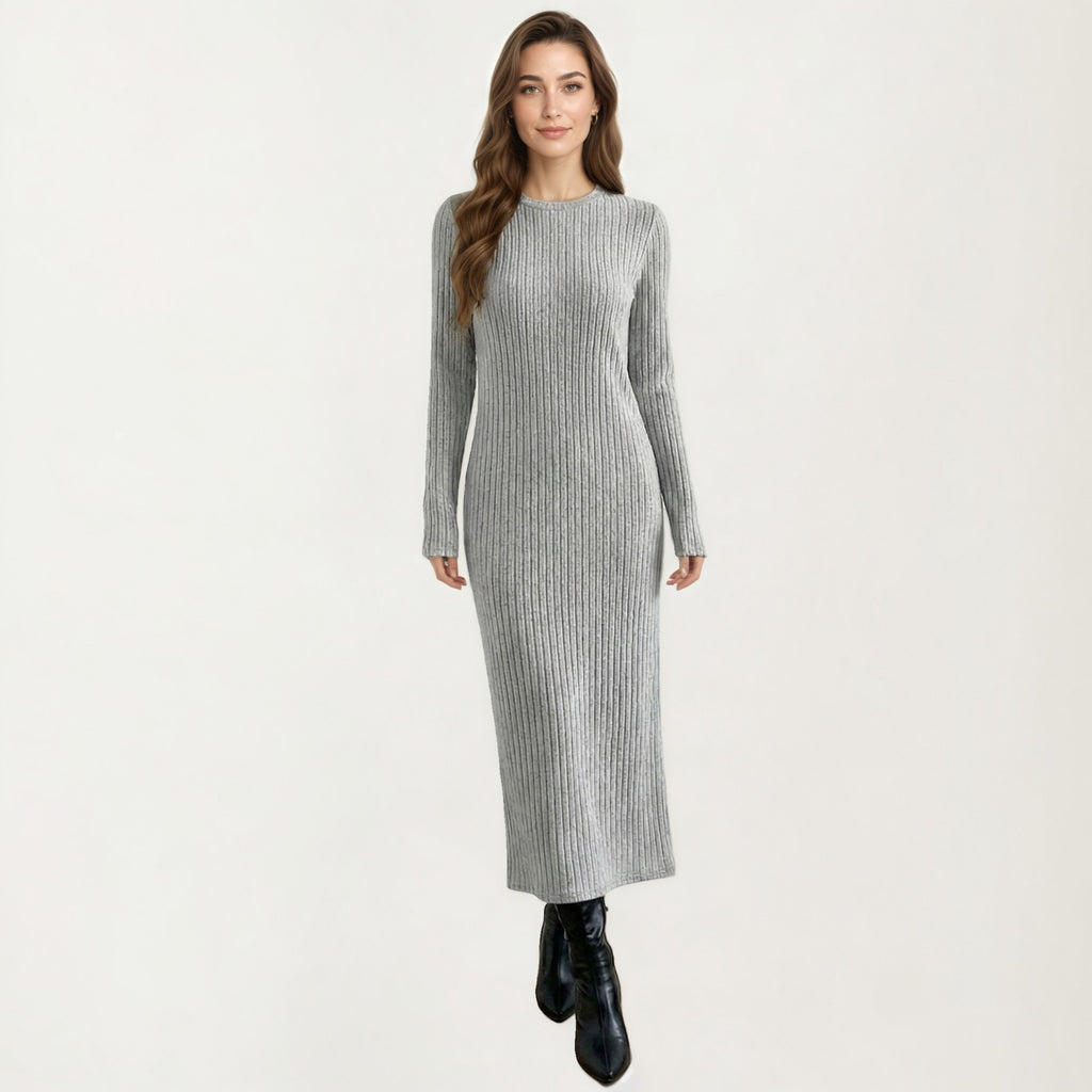 Anna-Kaci Women's Long Sleeve Ribbed Knit Maxi Dress with Crew Neck and Body Skimming Silhouette