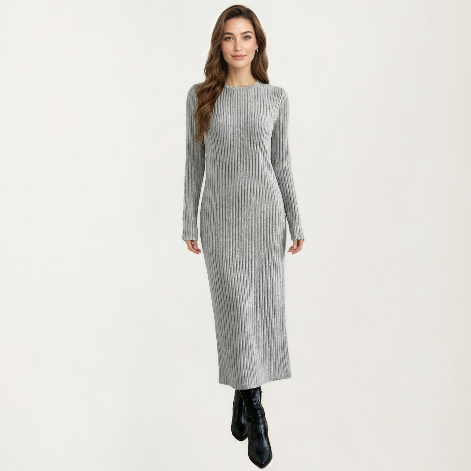 Anna-Kaci Women's Long Sleeve Ribbed Knit Maxi Dress with Crew Neck and Body Skimming Silhouette