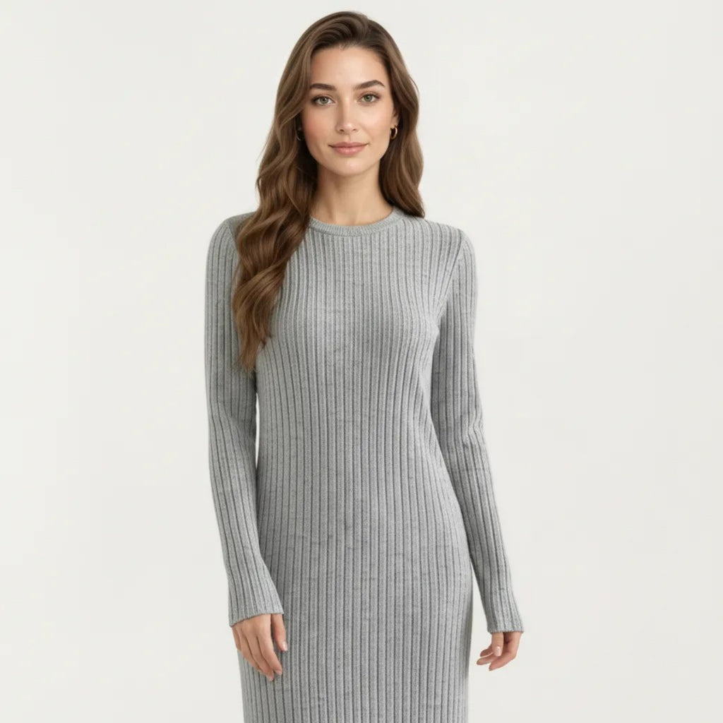 Anna-Kaci Women's Long Sleeve Ribbed Knit Maxi Dress with Crew Neck and Body Skimming Silhouette