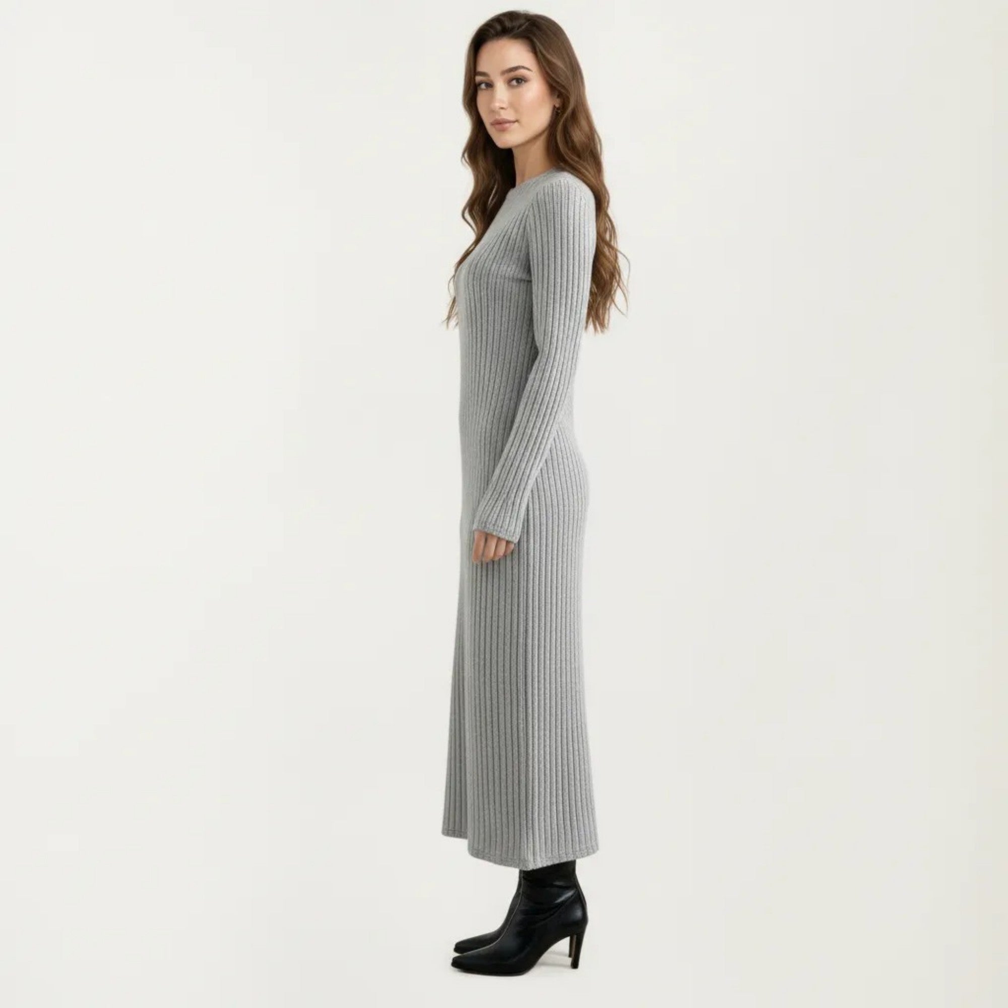 Anna-Kaci Women's Long Sleeve Ribbed Knit Maxi Dress with Crew Neck and Body Skimming Silhouette