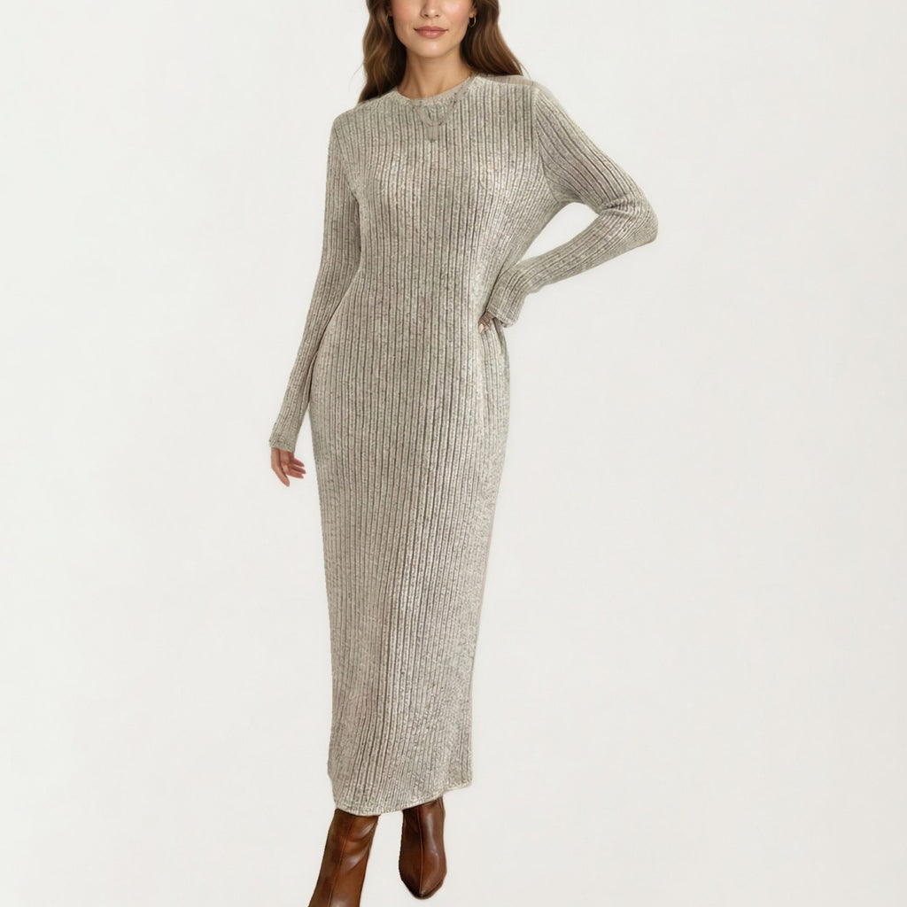 Anna-Kaci Women's Long Sleeve Ribbed Knit Maxi Dress with Crew Neck and Body Skimming Silhouette