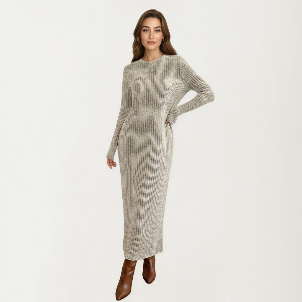 Anna-Kaci Women's Long Sleeve Ribbed Knit Maxi Dress with Crew Neck and Body Skimming Silhouette