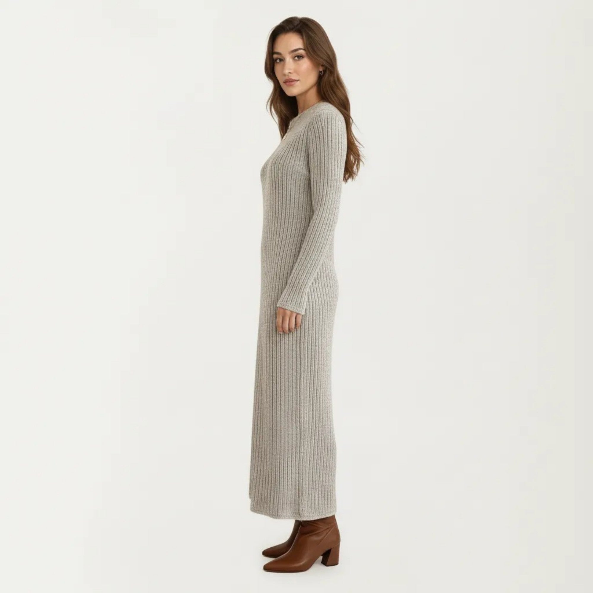 Anna-Kaci Women's Long Sleeve Ribbed Knit Maxi Dress with Crew Neck and Body Skimming Silhouette