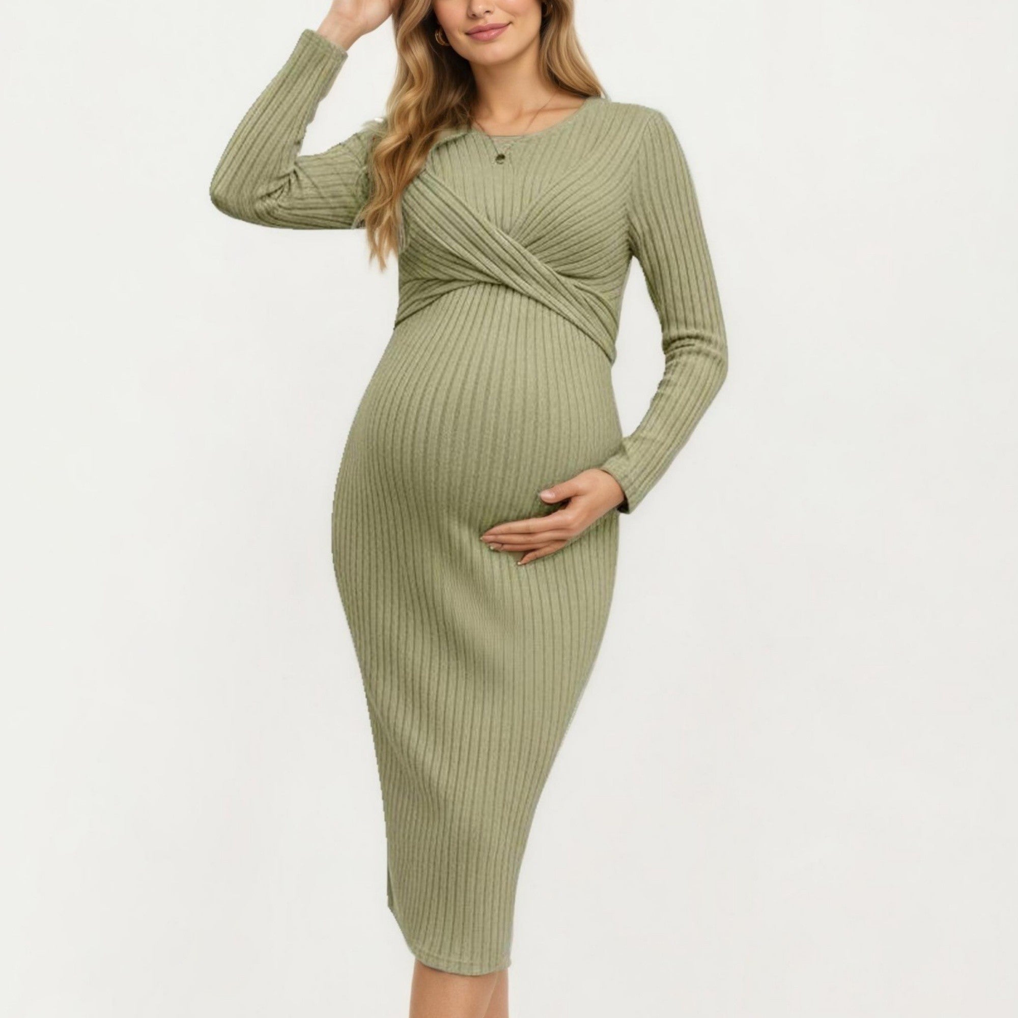 Anna-Kaci Women's Ribbed Knit Long Sleeve Midi Maternity Dress with Twist Front Detail and Bodycon Silhouette