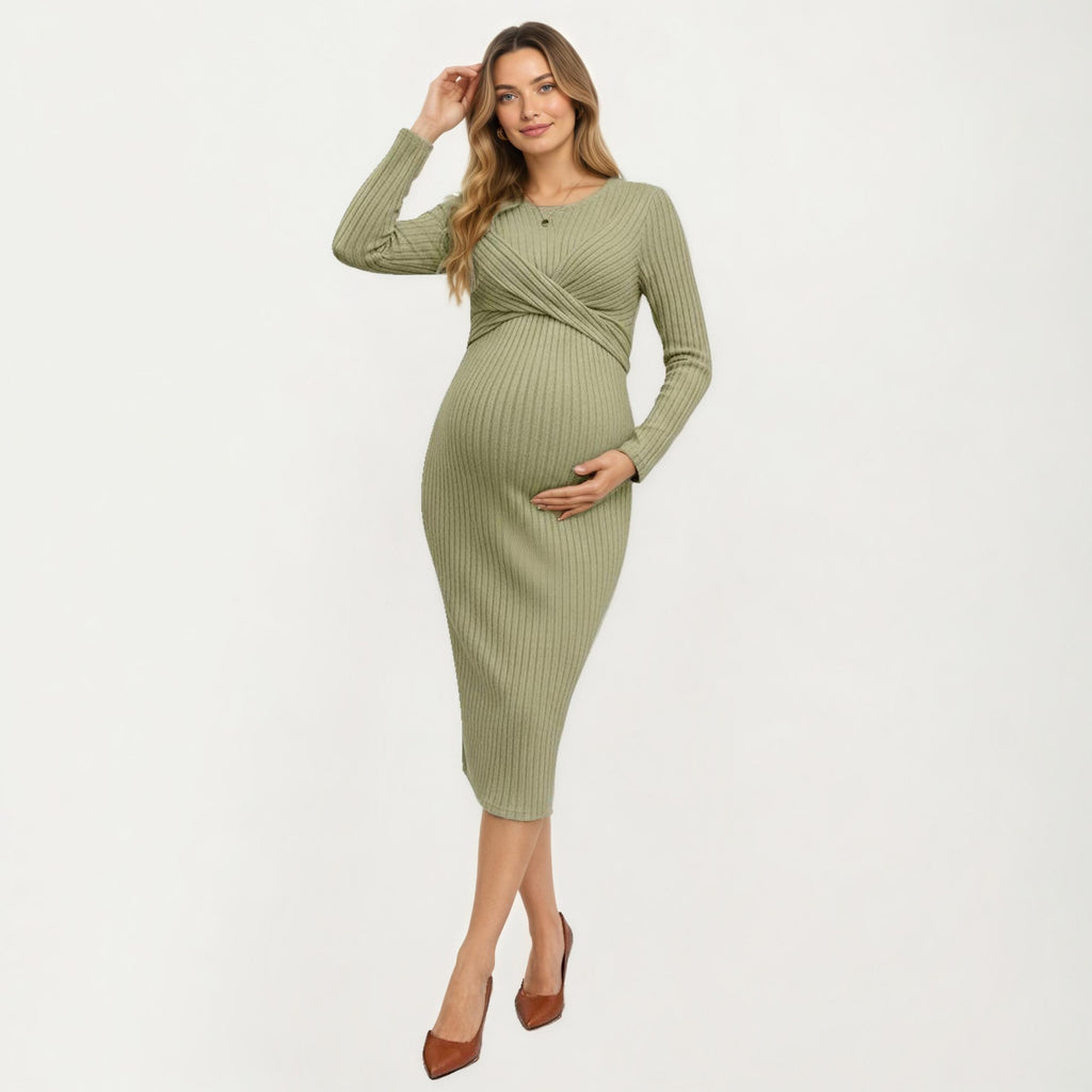Anna-Kaci Women's Ribbed Knit Long Sleeve Midi Maternity Dress with Twist Front Detail and Bodycon Silhouette