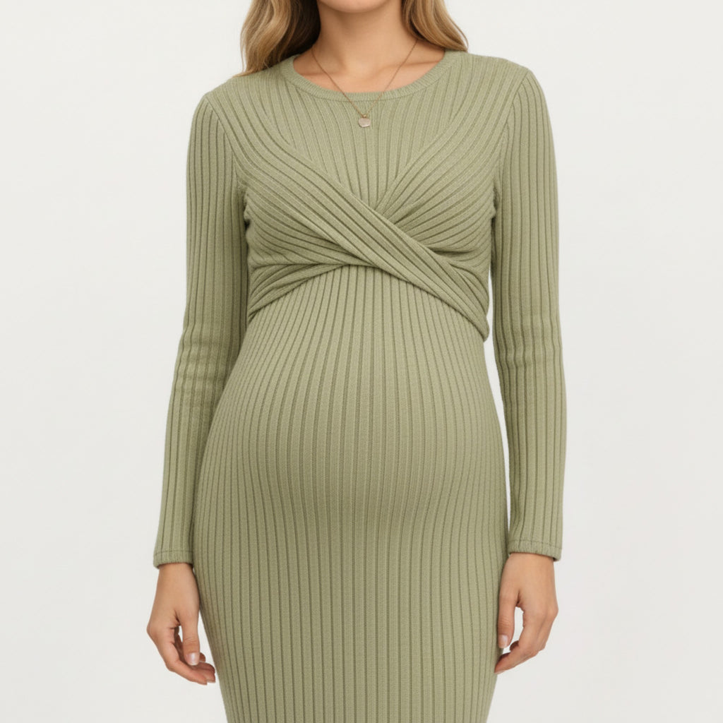 Anna-Kaci Women's Ribbed Knit Long Sleeve Midi Maternity Dress with Twist Front Detail and Bodycon Silhouette