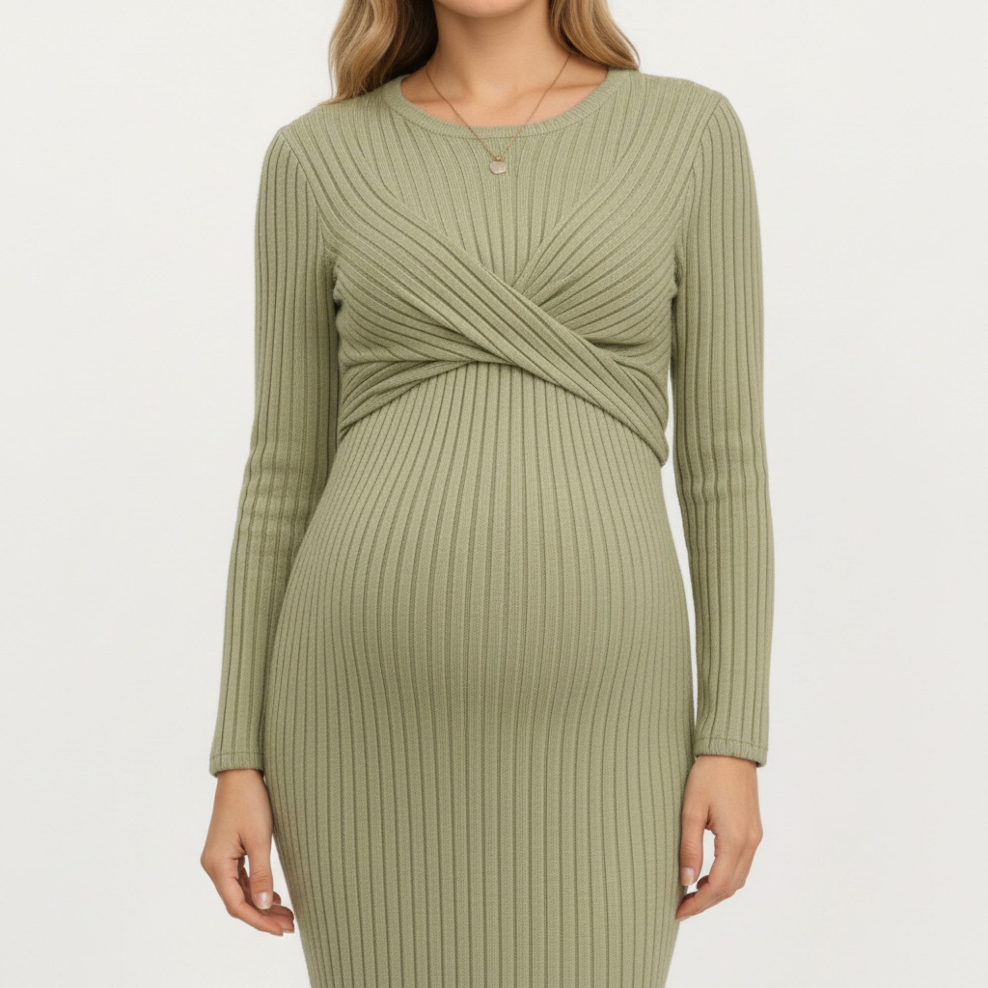 Anna-Kaci Women's Ribbed Knit Long Sleeve Midi Maternity Dress with Twist Front Detail and Bodycon Silhouette