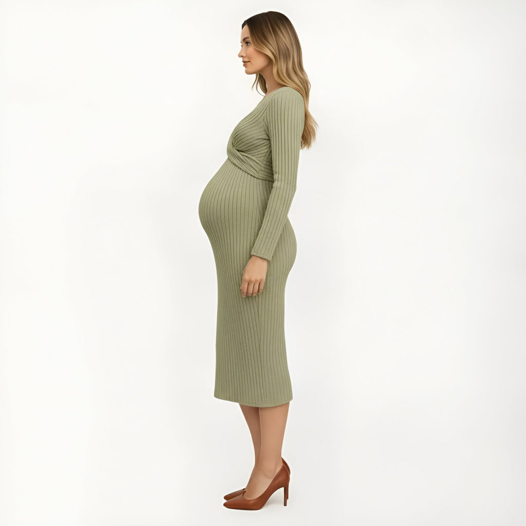Anna-Kaci Women's Ribbed Knit Long Sleeve Midi Maternity Dress with Twist Front Detail and Bodycon Silhouette