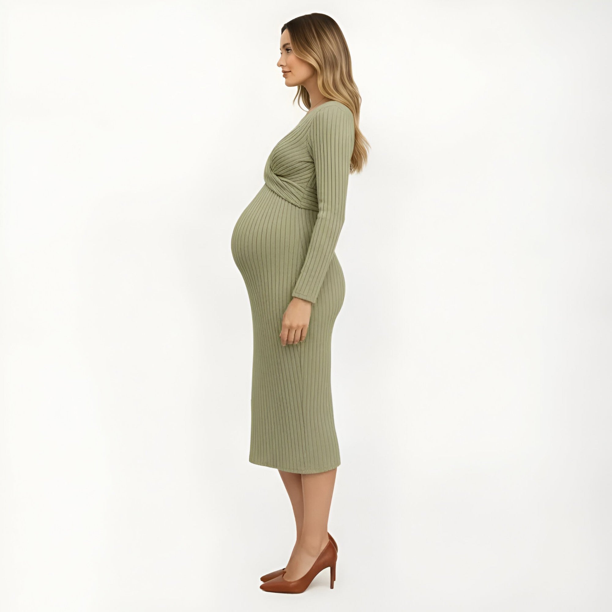 Anna-Kaci Women's Ribbed Knit Long Sleeve Midi Maternity Dress with Twist Front Detail and Bodycon Silhouette