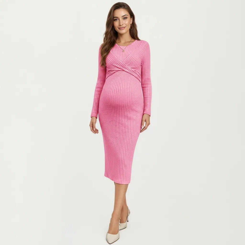 Anna-Kaci Women's Ribbed Knit Long Sleeve Midi Maternity Dress with Twist Front Detail and Bodycon Silhouette
