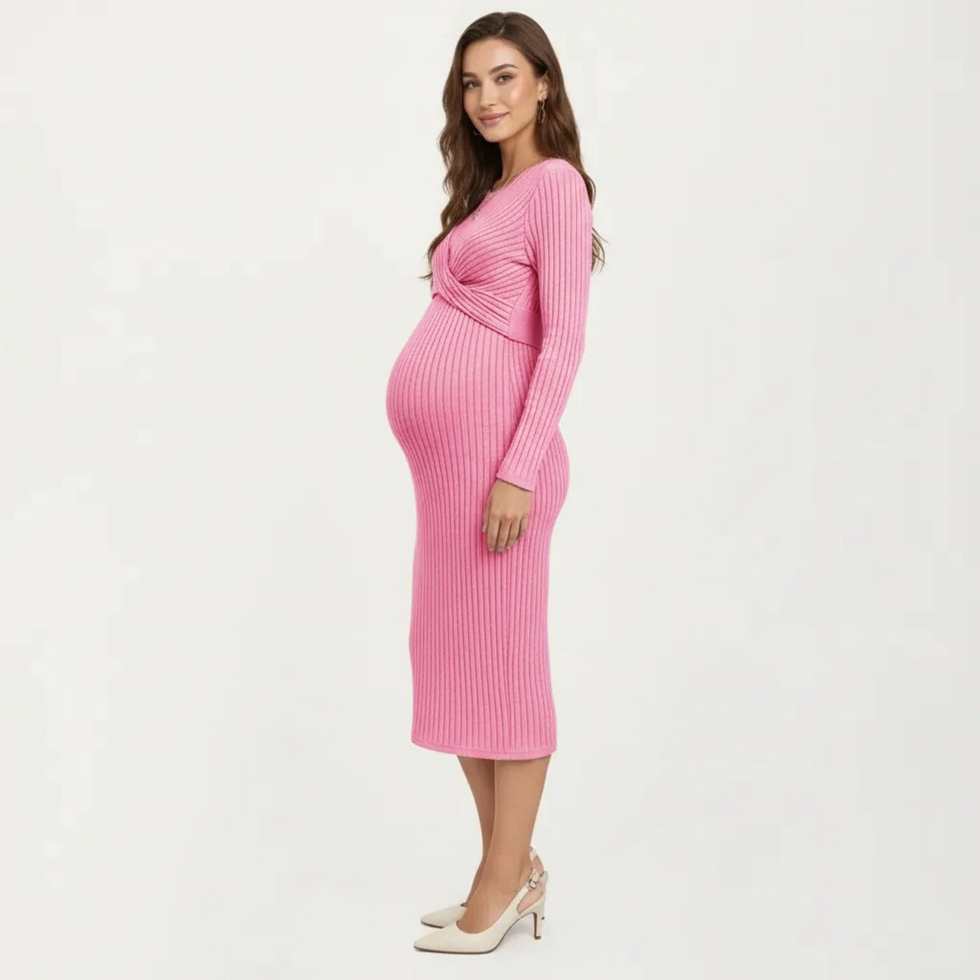 Anna-Kaci Women's Ribbed Knit Long Sleeve Midi Maternity Dress with Twist Front Detail and Bodycon Silhouette