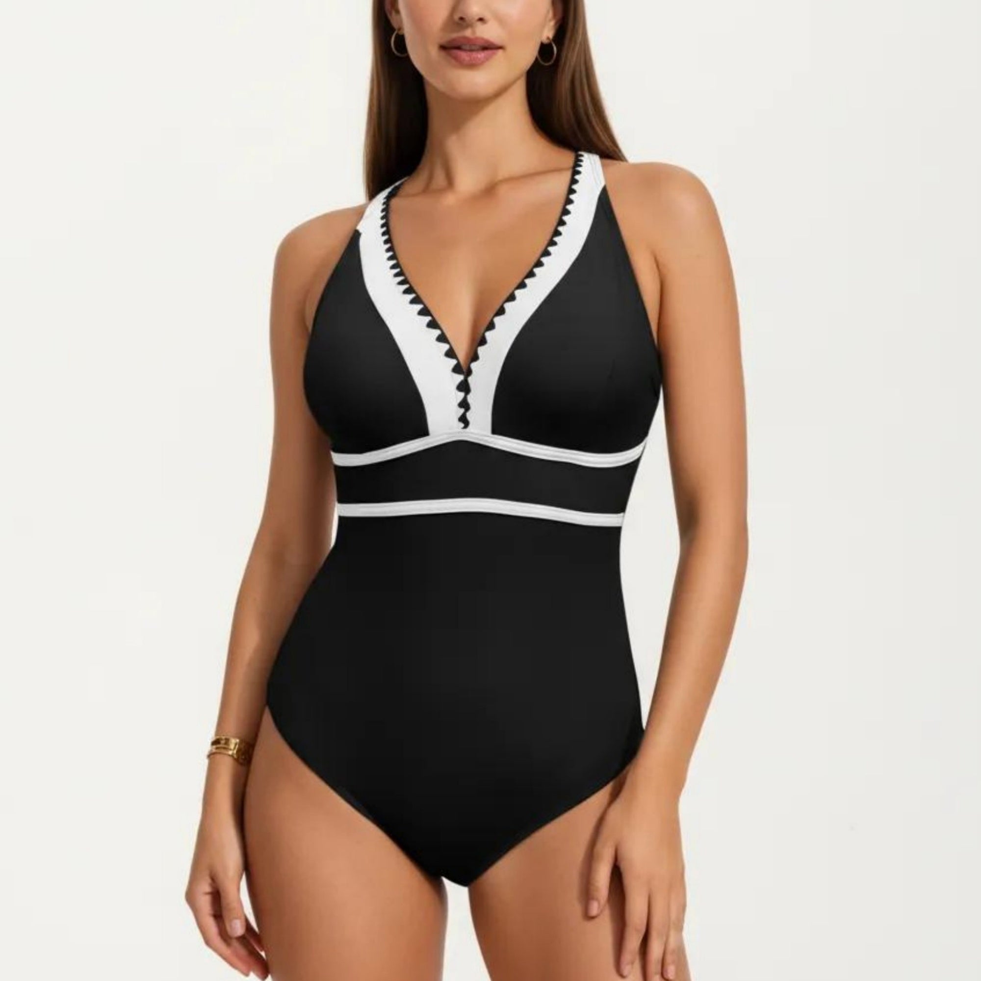 Anna-Kaci Swim Women's One Piece Swimsuit with Deep V Neck Contrast Trim and Sculpted Waist Design