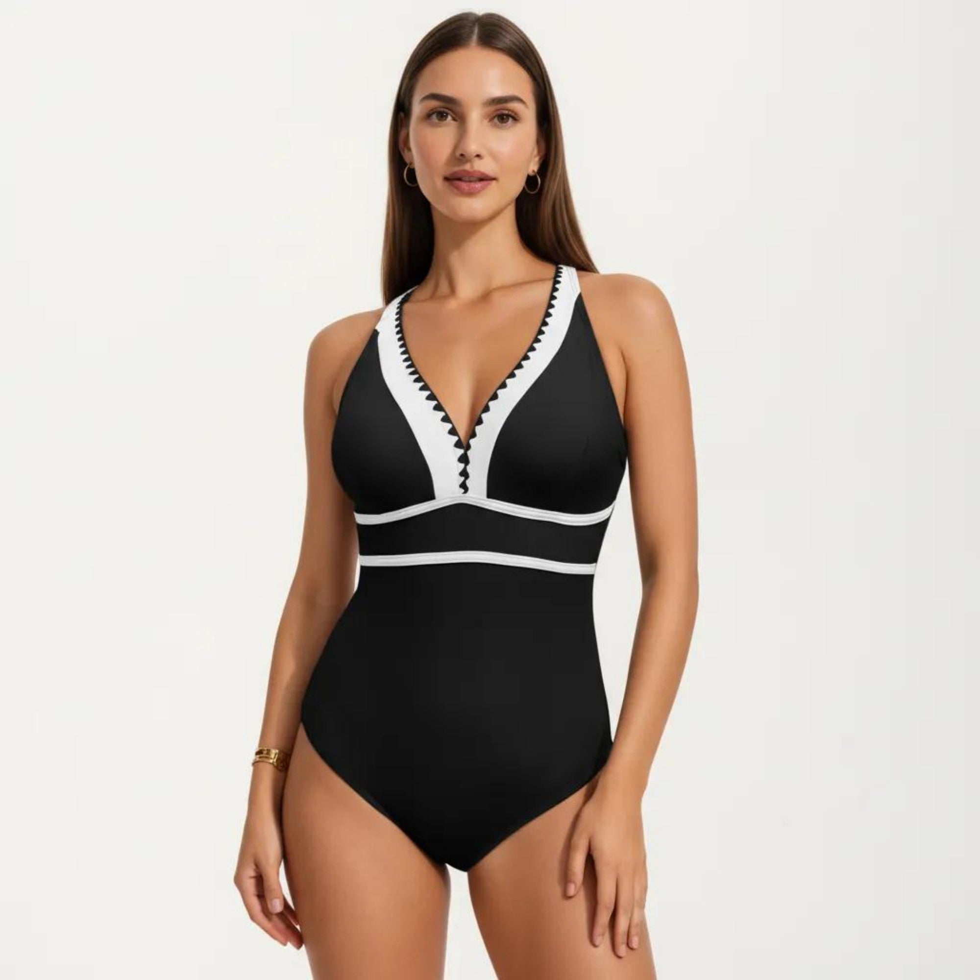 Anna-Kaci Swim Women's One Piece Swimsuit with Deep V Neck Contrast Trim and Sculpted Waist Design