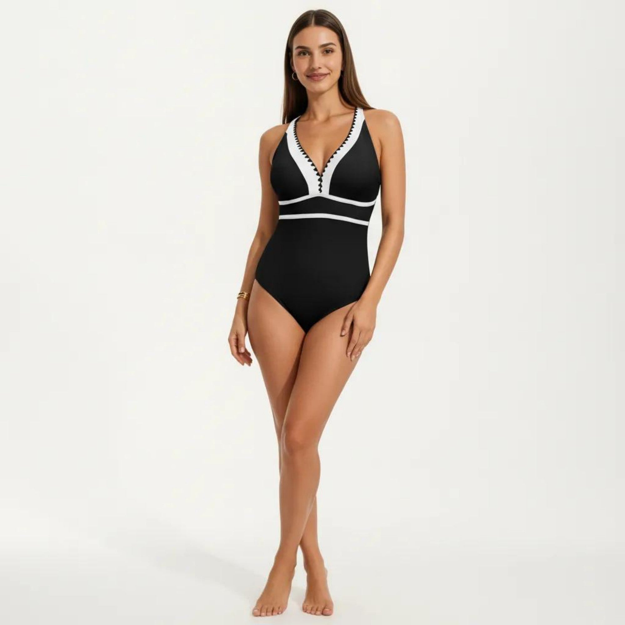Anna-Kaci Swim Women's One Piece Swimsuit with Deep V Neck Contrast Trim and Sculpted Waist Design