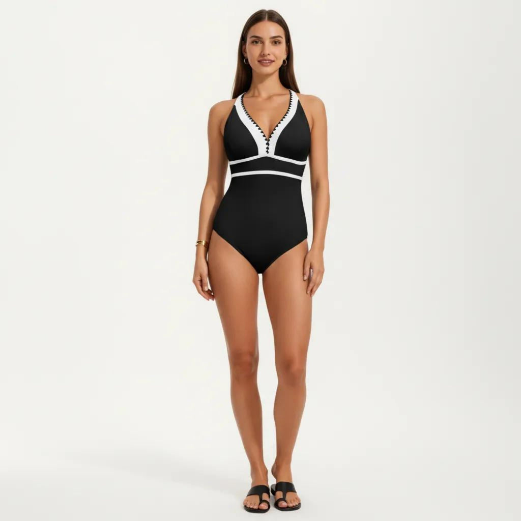 Anna-Kaci Swim Women's One Piece Swimsuit with Deep V Neck Contrast Trim and Sculpted Waist Design