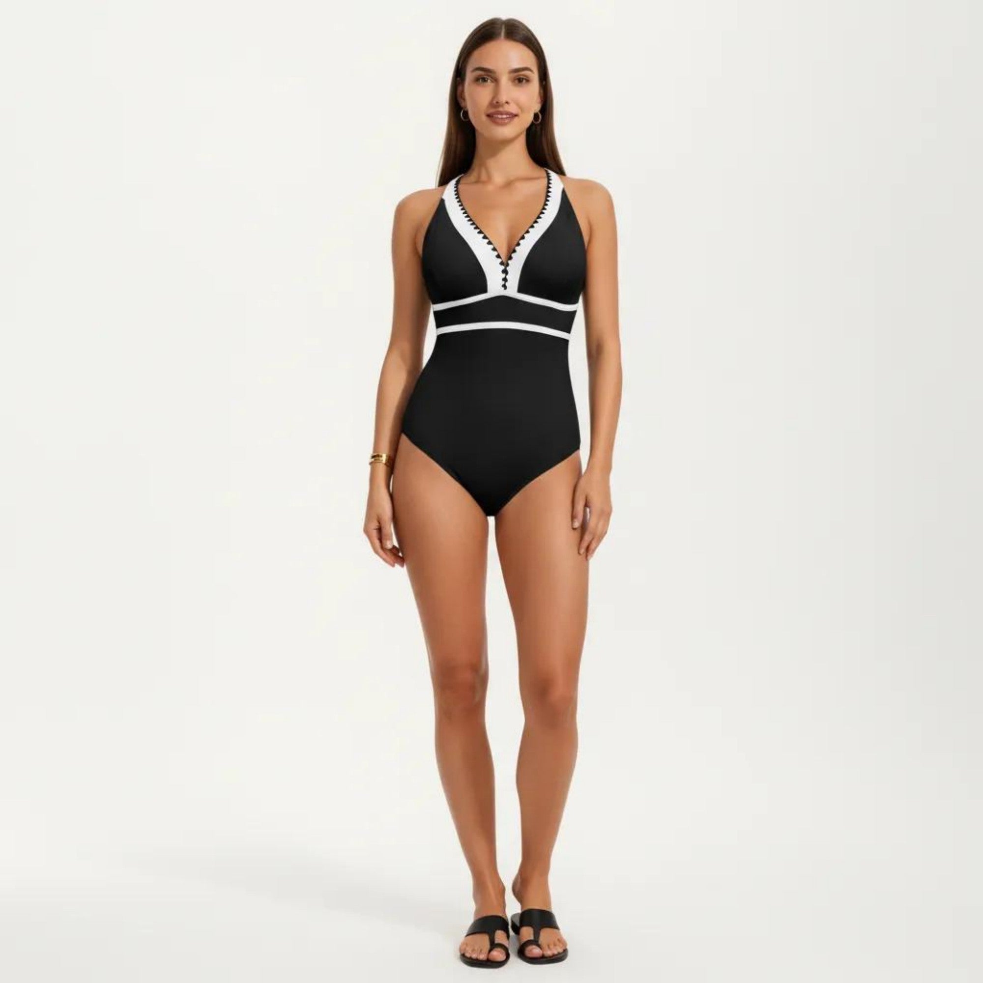 Anna-Kaci Swim Women's One Piece Swimsuit with Deep V Neck Contrast Trim and Sculpted Waist Design