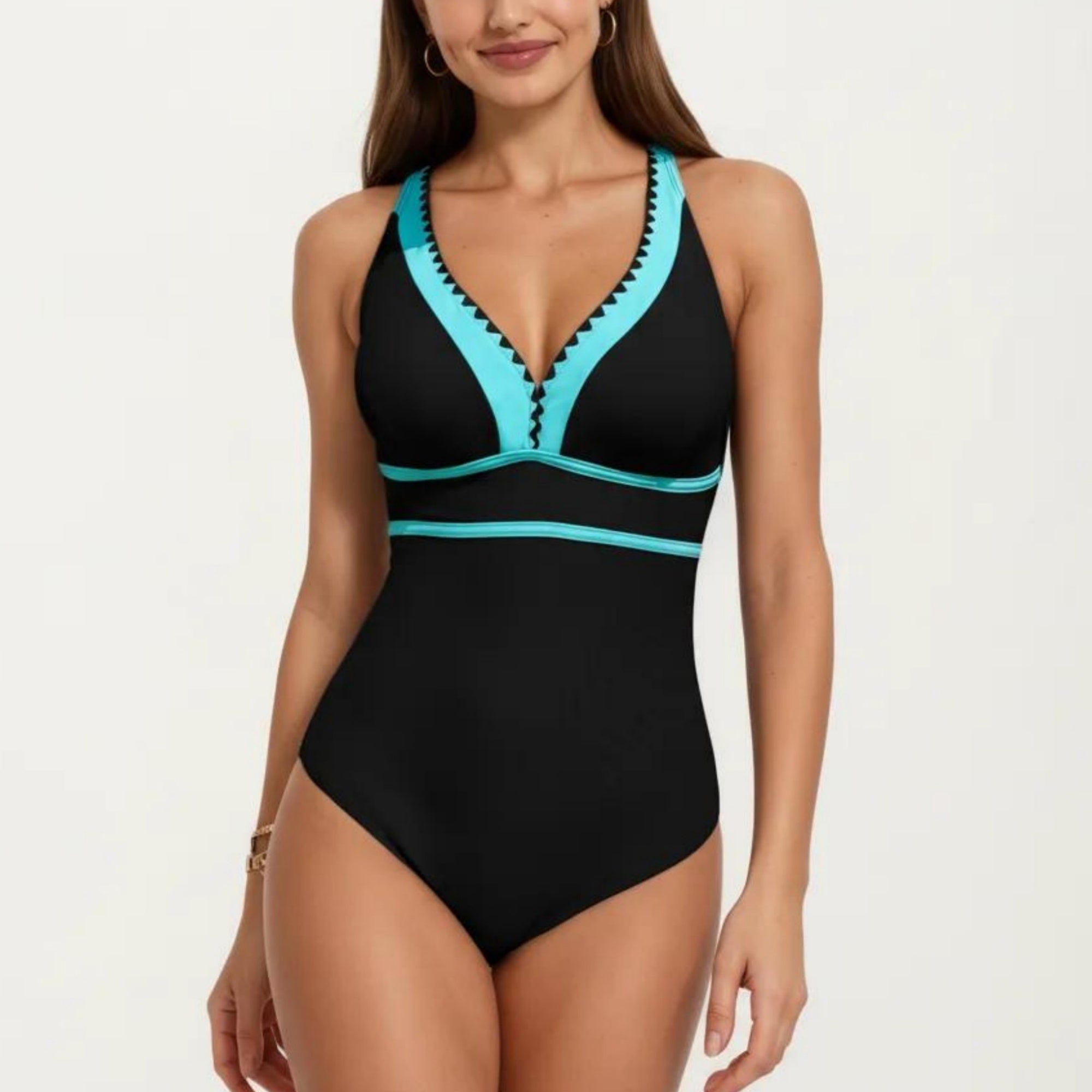 Anna-Kaci Swim Women's One Piece Swimsuit with Deep V Neck Contrast Trim and Sculpted Waist Design