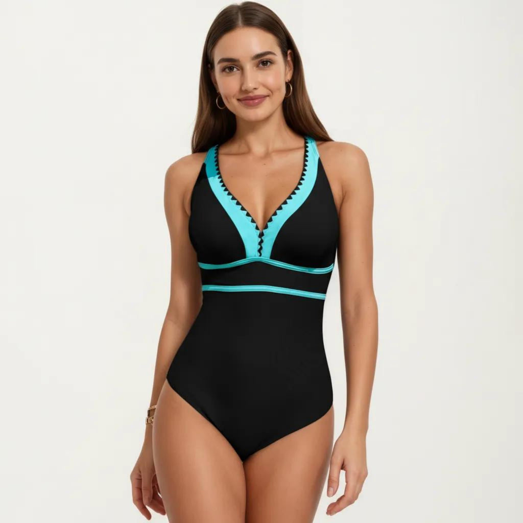 Anna-Kaci Swim Women's One Piece Swimsuit with Deep V Neck Contrast Trim and Sculpted Waist Design