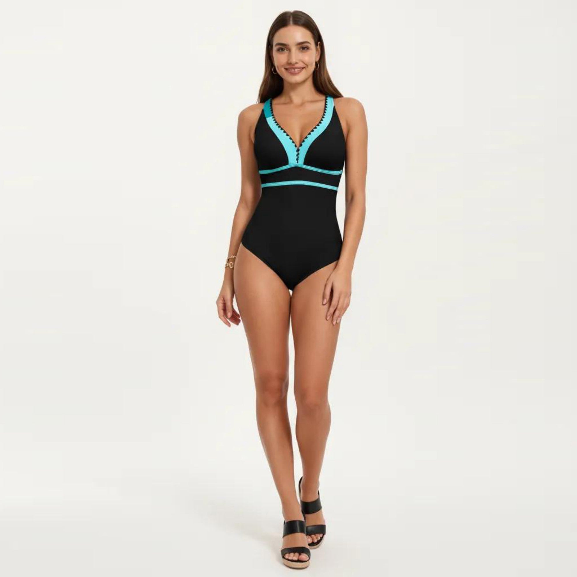 Anna-Kaci Swim Women's One Piece Swimsuit with Deep V Neck Contrast Trim and Sculpted Waist Design