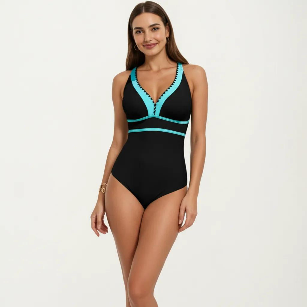 Anna-Kaci Swim Women's One Piece Swimsuit with Deep V Neck Contrast Trim and Sculpted Waist Design